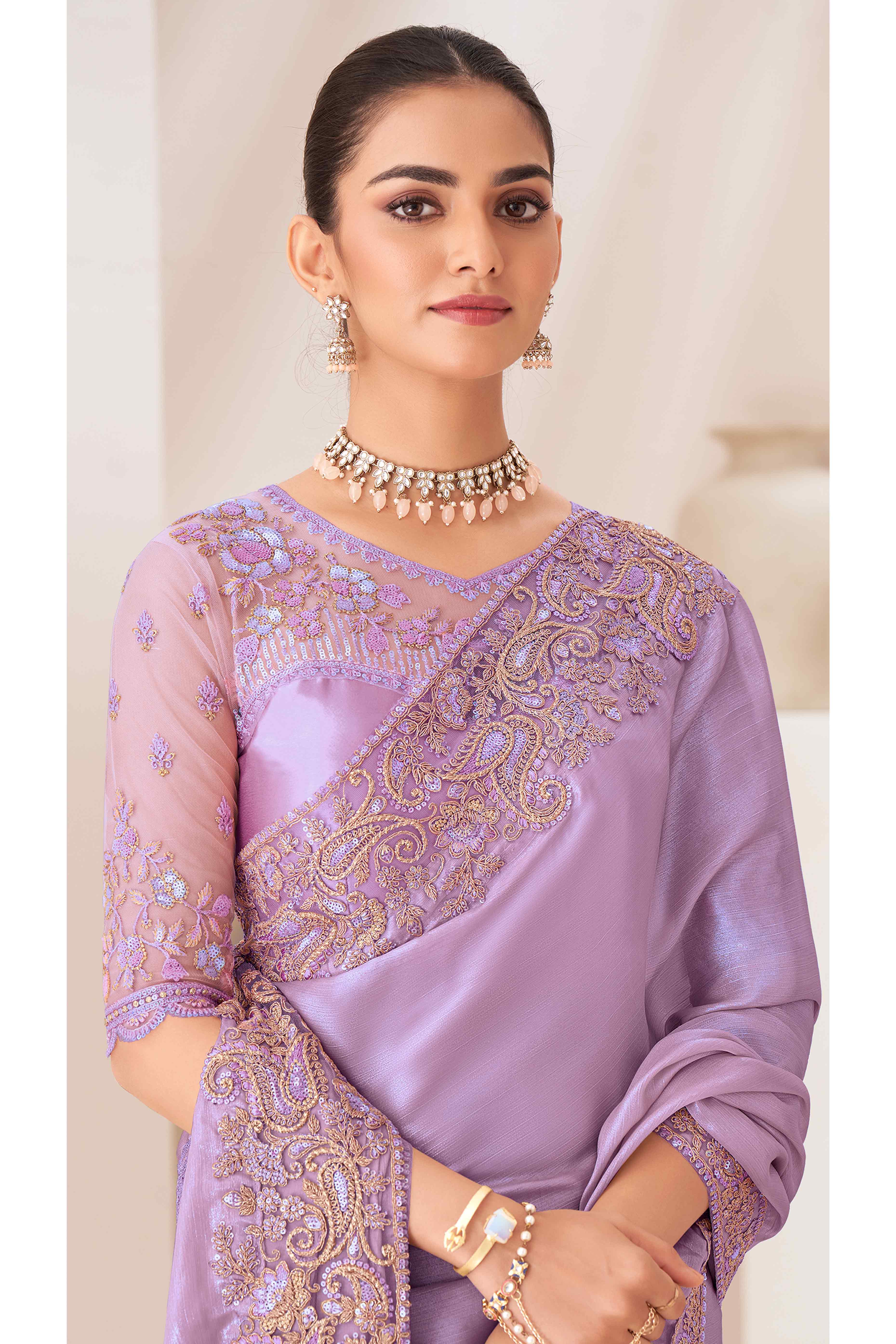 Peachmode Lavender Floral Sequins Embroidered Chiffon Saree - view 3
