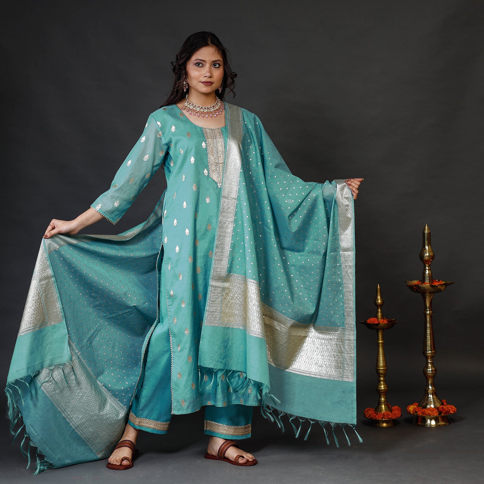ITOKRI CASUALS Aqua Green Banarasi Silk Zari Work Kurta with Palazzo & Dupatta Set - view 3