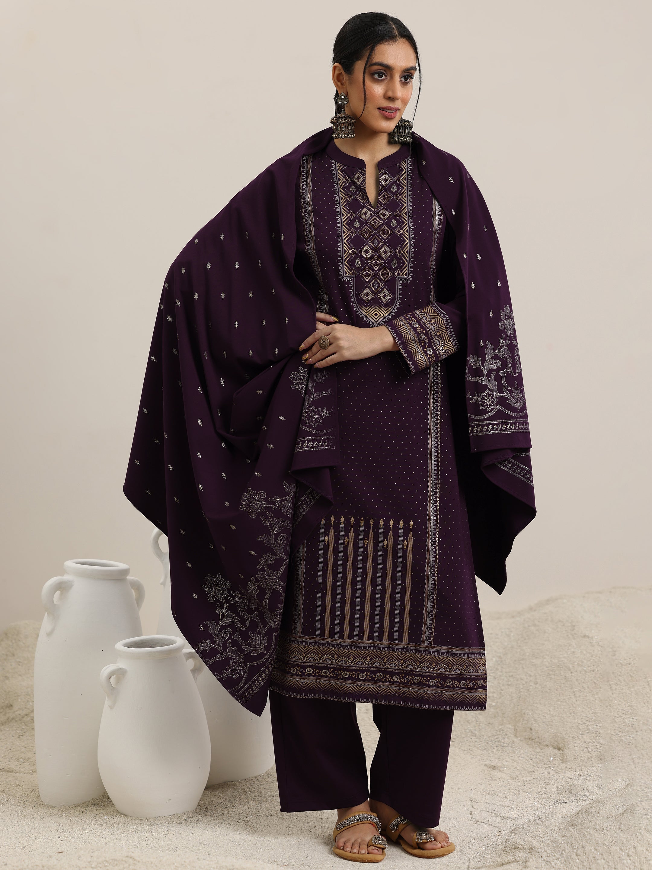 Libas Burgundy Woven Design Wool Blend Straight Suit With Dupatta