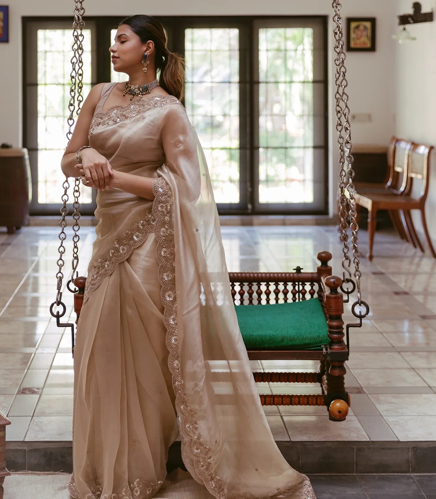 RmKV Taupe Woven Banarasi Glass Tissue Saree Embroidered With Floral Motifs