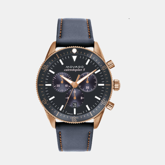 Movado Heritage Men Quartz Grey Dial Chronograph Leather Watch 3650168
