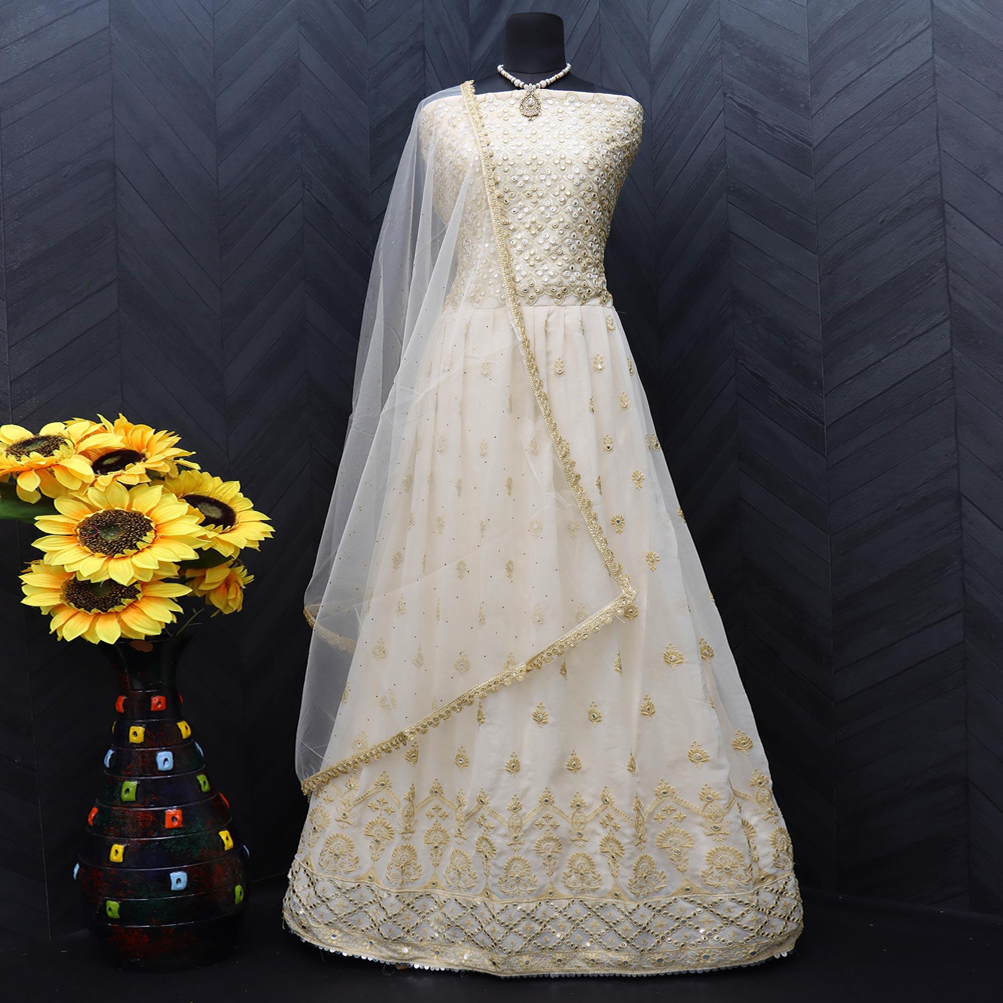 Peachmode Cream Embroidered Georgette Gown - view 5
