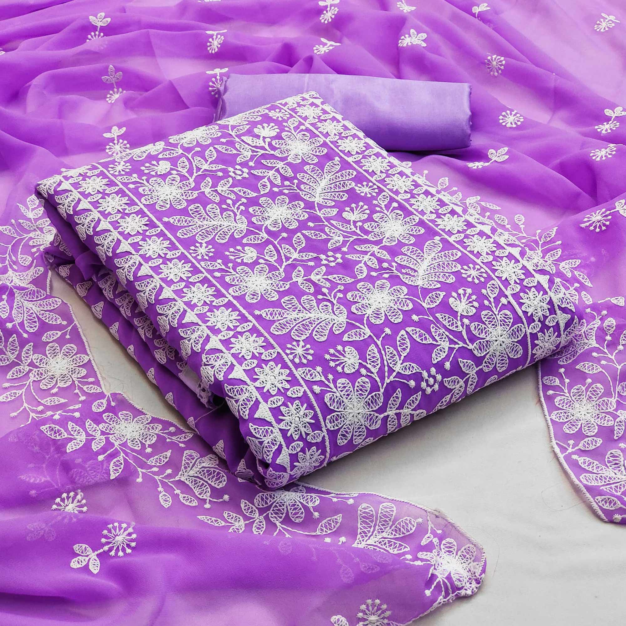 Peachmode Lavender Floral Embroidered Georgette Dress Material