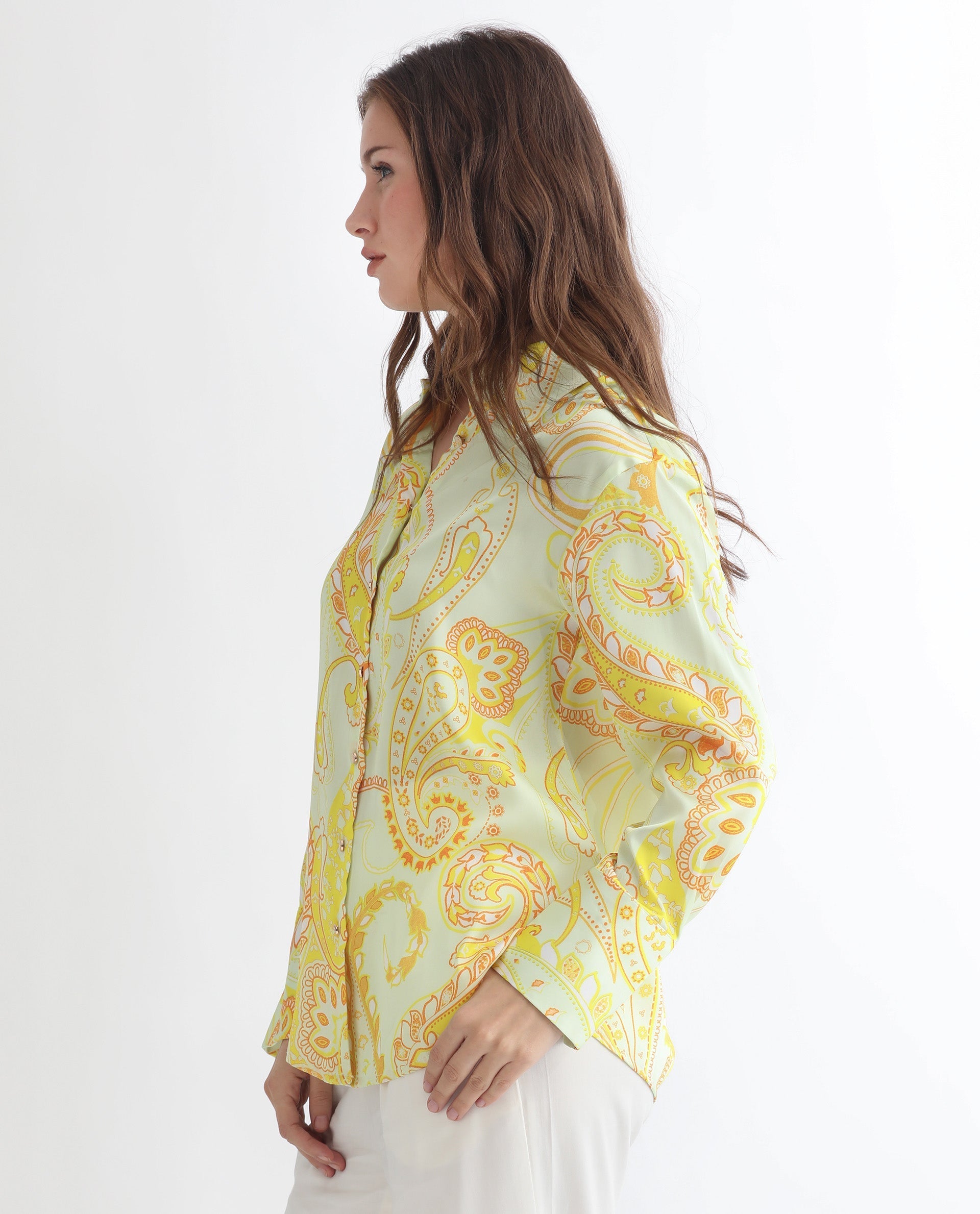 Rareism Women Lander Light Yellow Polyester Fabric Full Sleeves Button Closure Shirt Collar Regular Fit Paisley Print Top - view 7