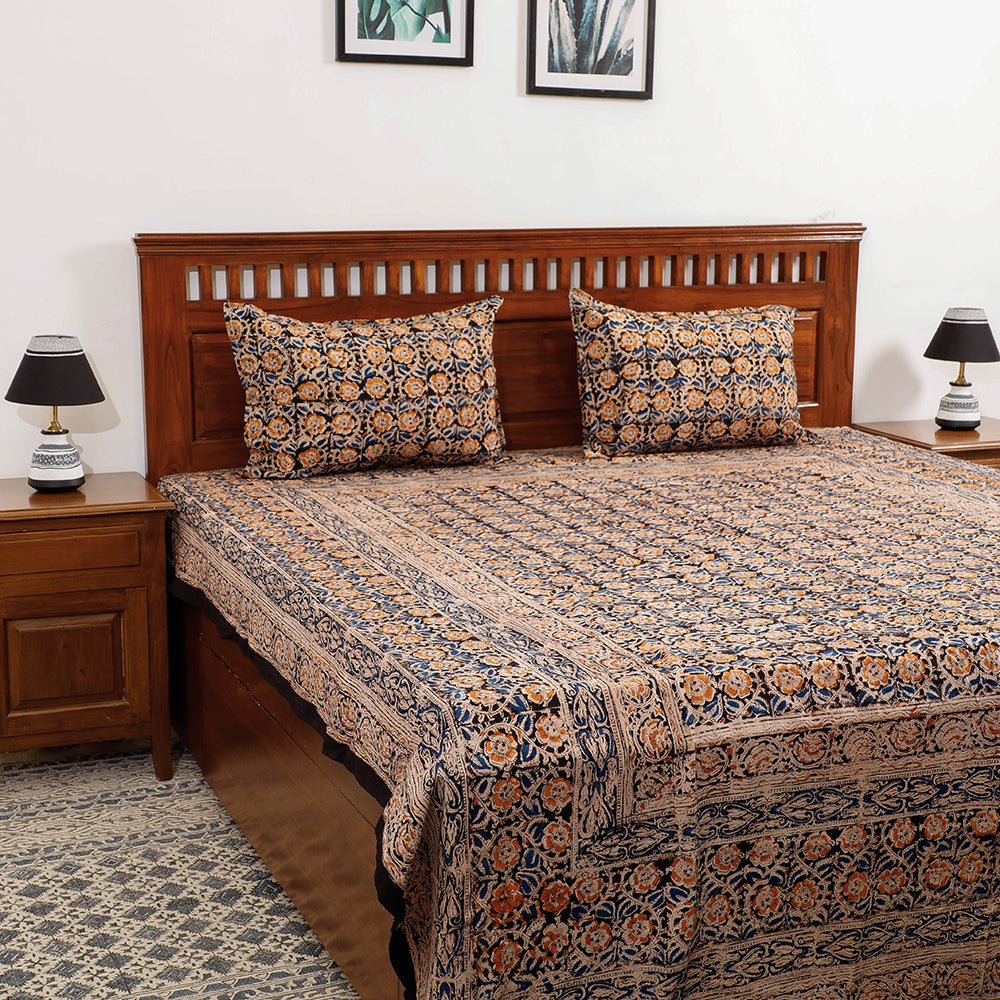 SOUTH KARGHA Black - Kalamkari Block Printed Cotton Double Bed Cover with Pillow Covers (108 x 90 in)