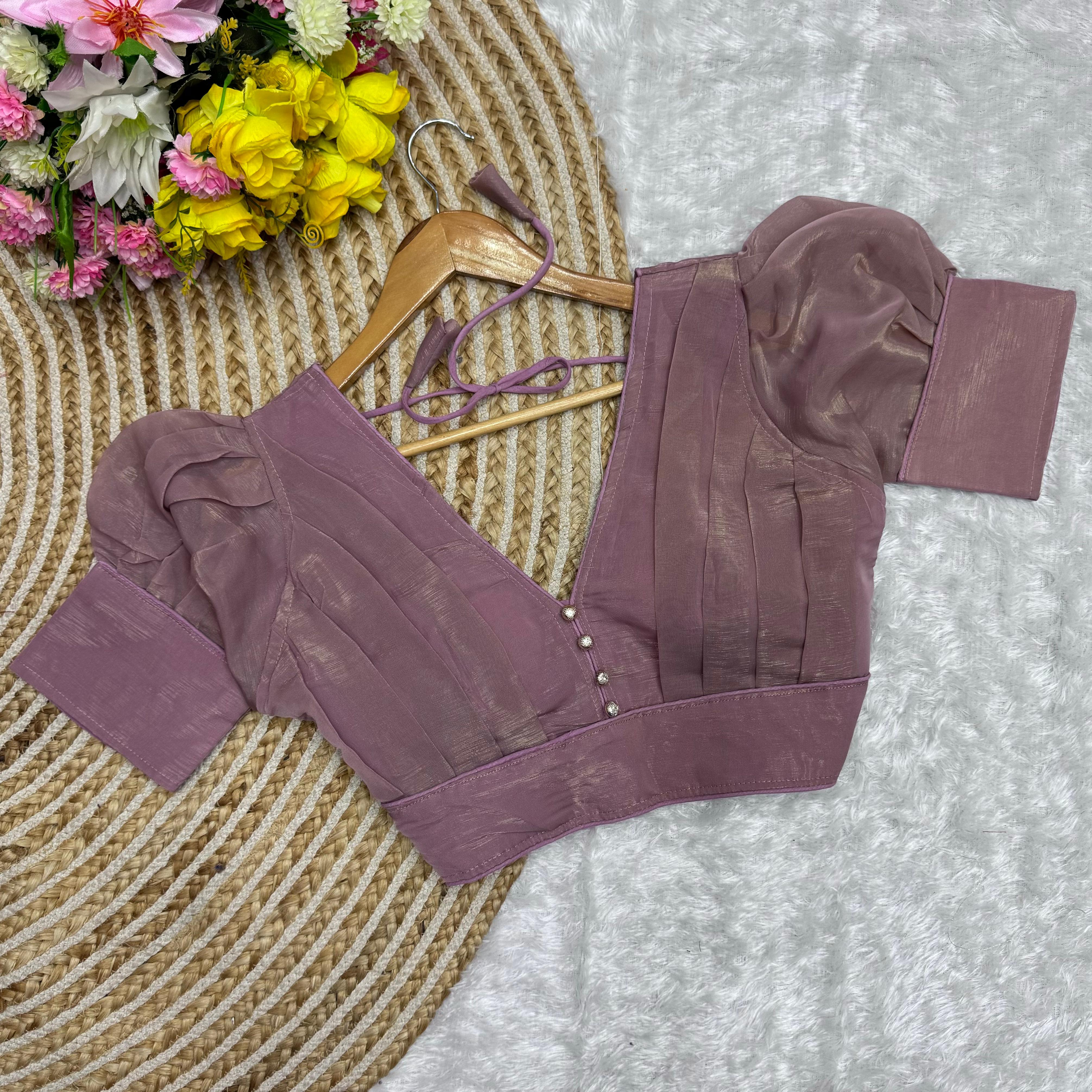 ClothsVilla Light Purple Color Metallic Jari Blouse with Ruffled Pattern and Balloon Sleeves