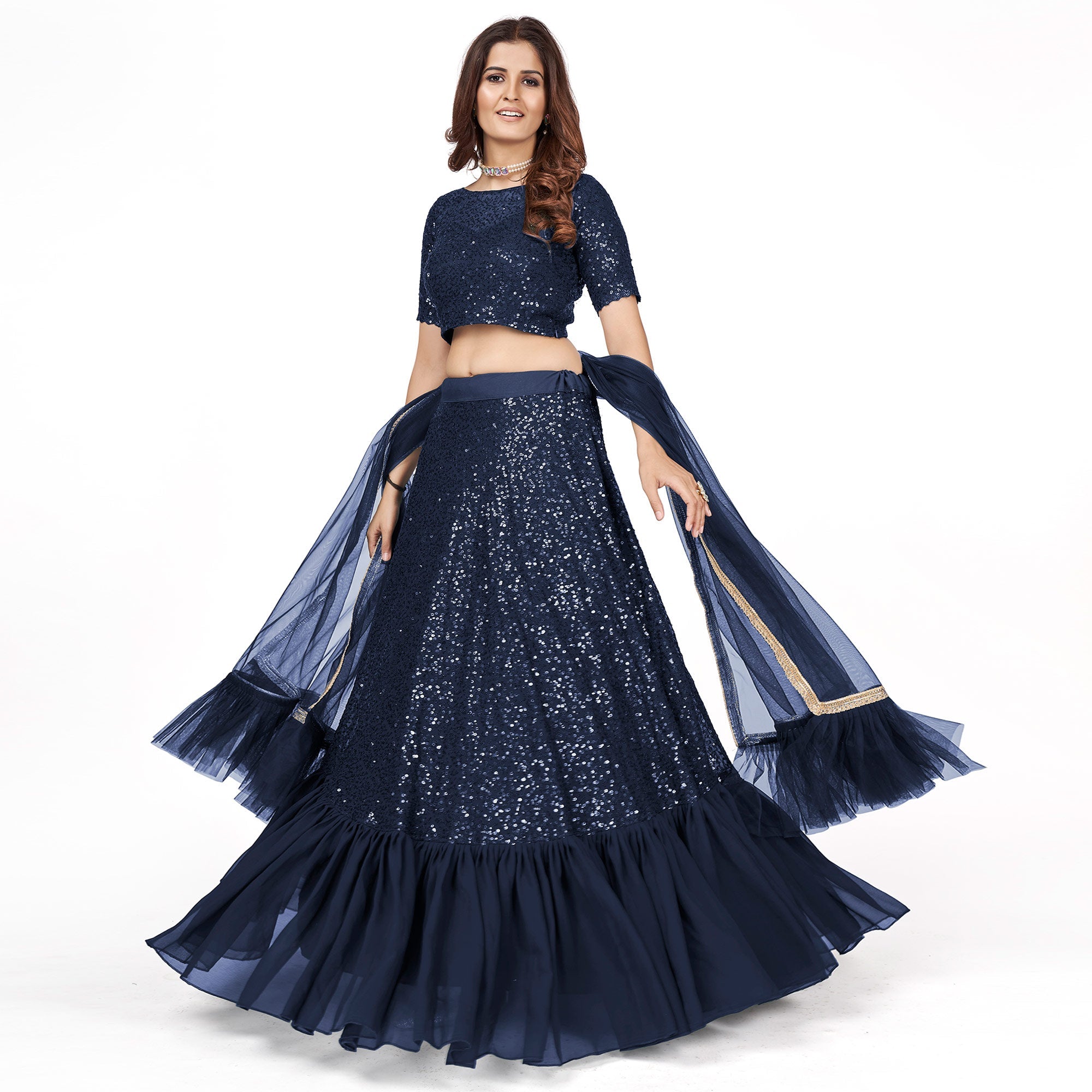 Peachmode Dark Blue Sequins Embroidered Georgette Lehenga Choli