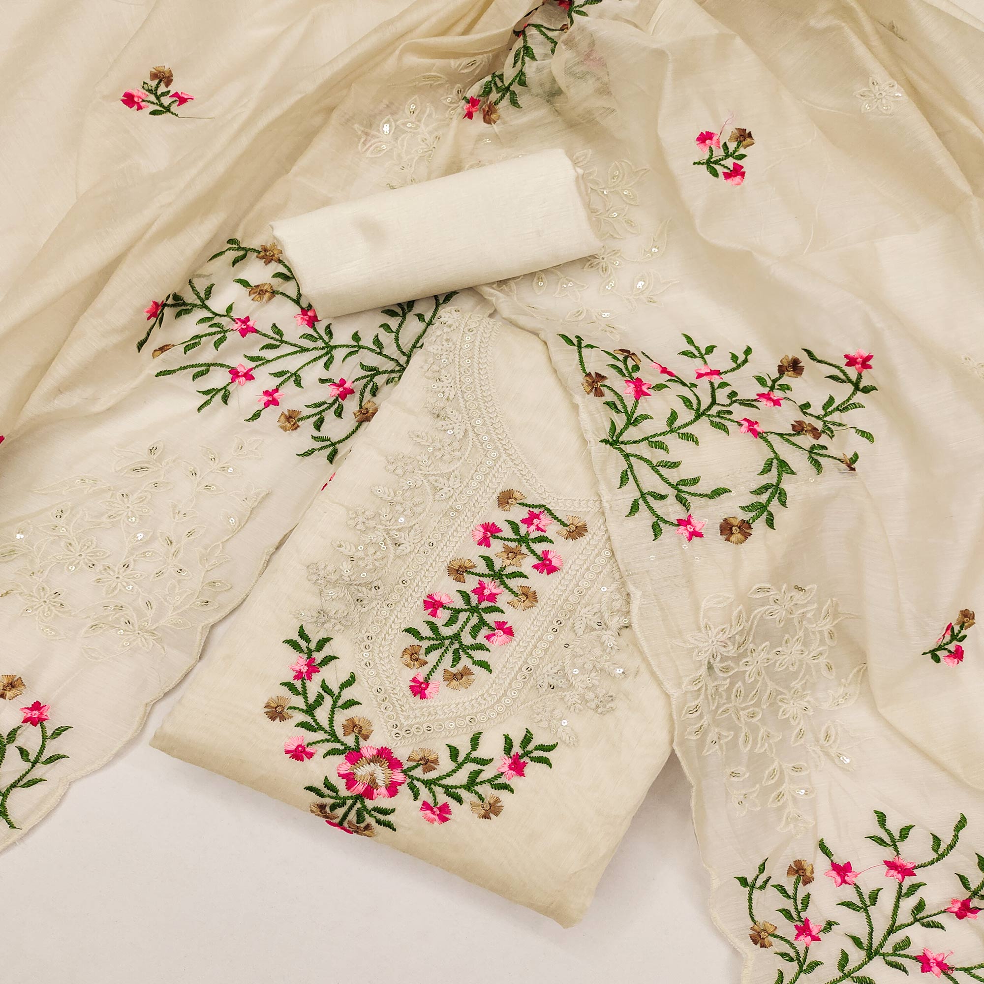 Peachmode Cream Floral Embroidered Chanderi Dress Material
