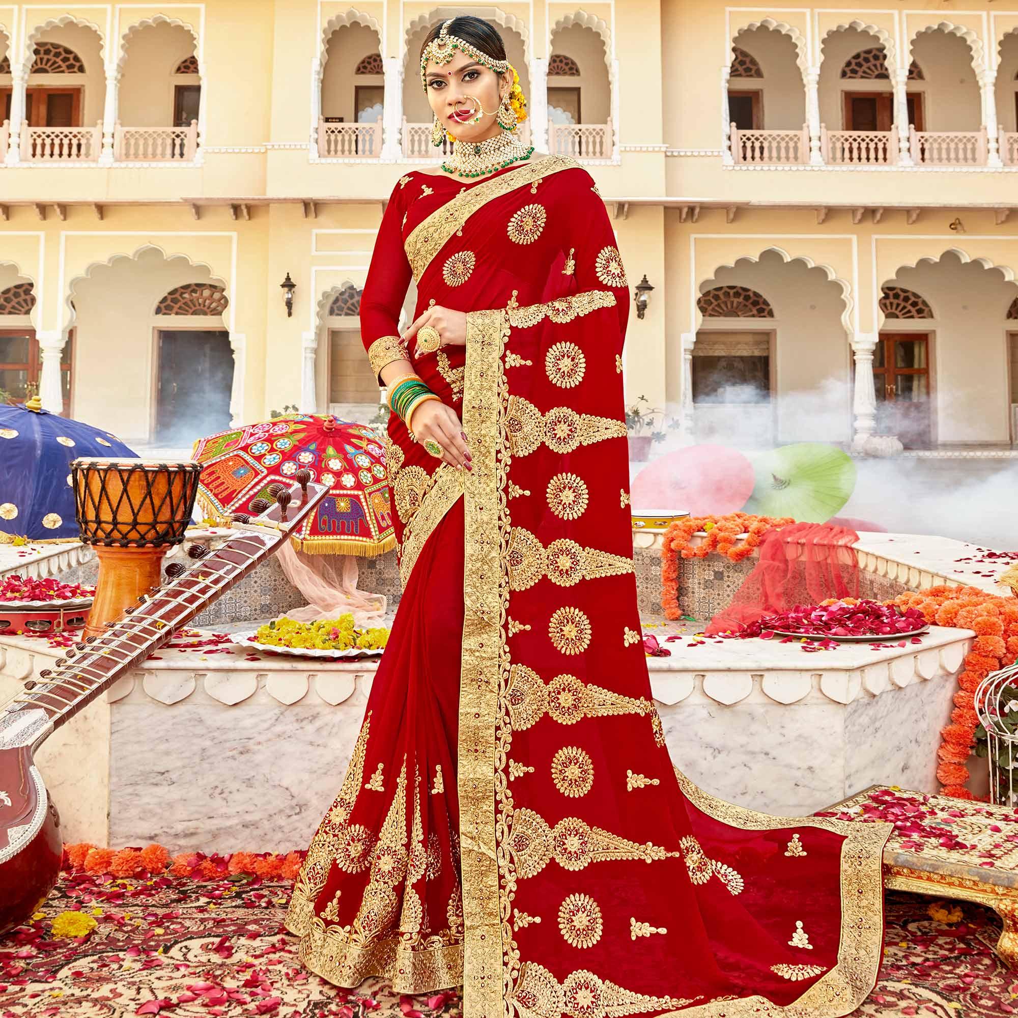 Peachmode Hypnotic Red Colored Partywear Embroidered Georgette Saree