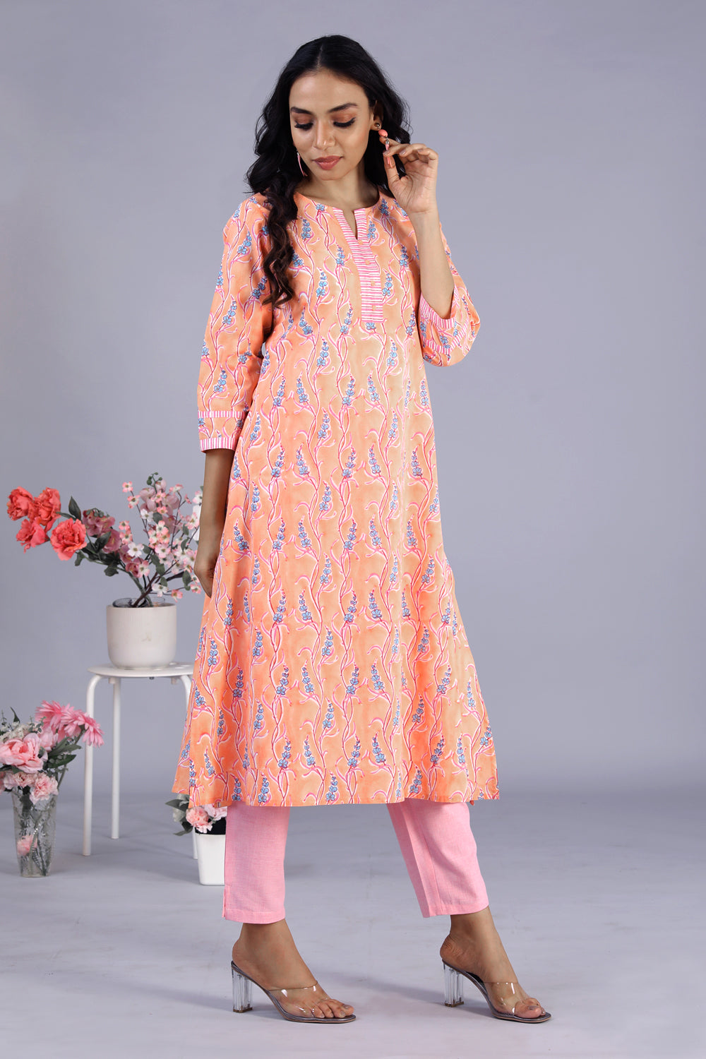 Kalanjali Ethnics Hand block printed kurti – Women's, Peach - view 8