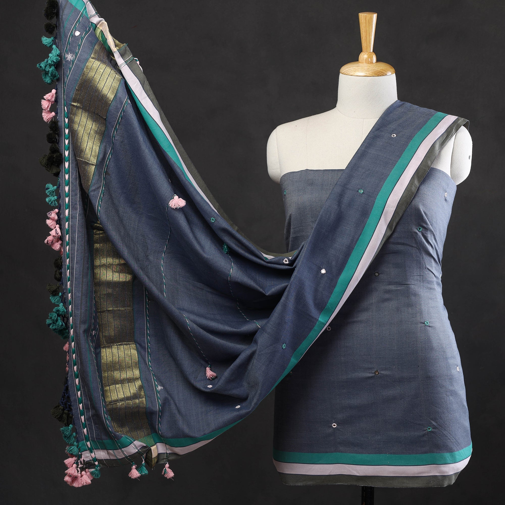 KACHCHH JI CHHAAP Blue - 3pc Bhujodi Mirror Work Handloom Cotton Suit Material Set 10