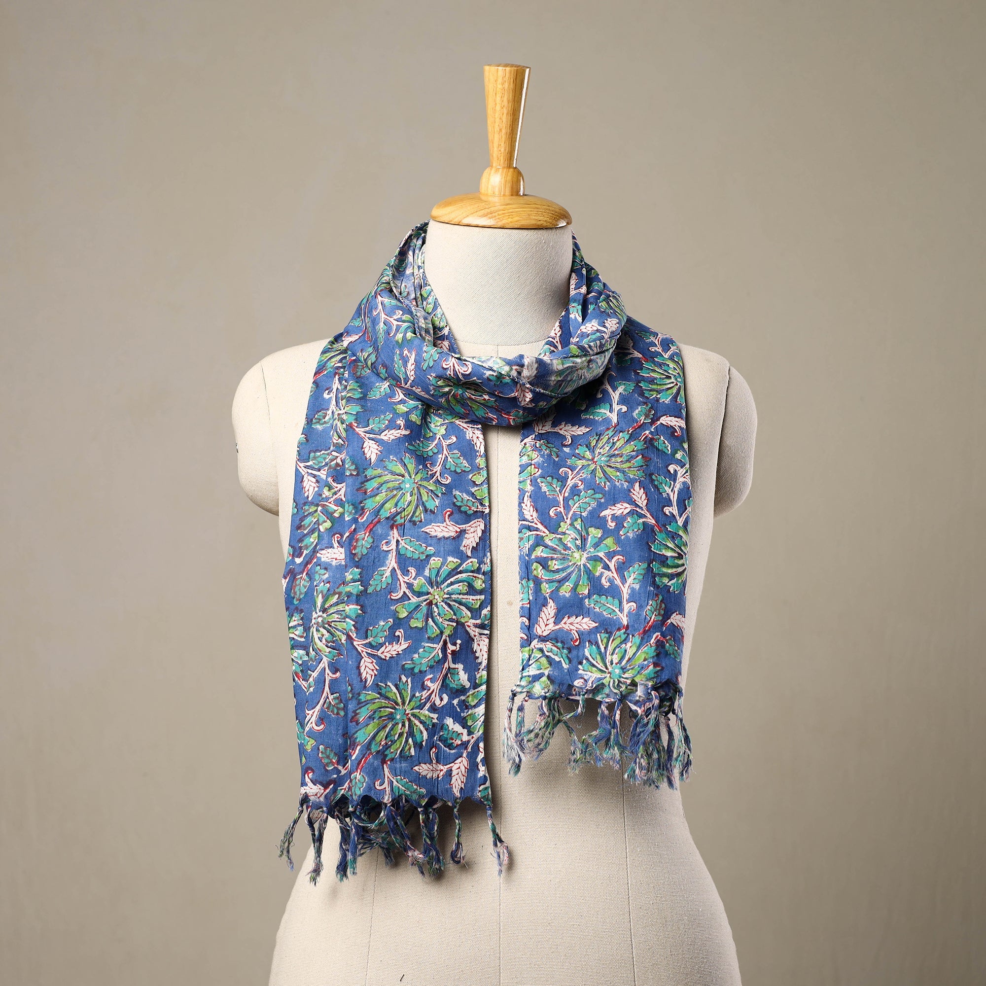 HAVELI CHRONICLES Blue - Block Print Cotton Sanganeri Stole with Tassels 161