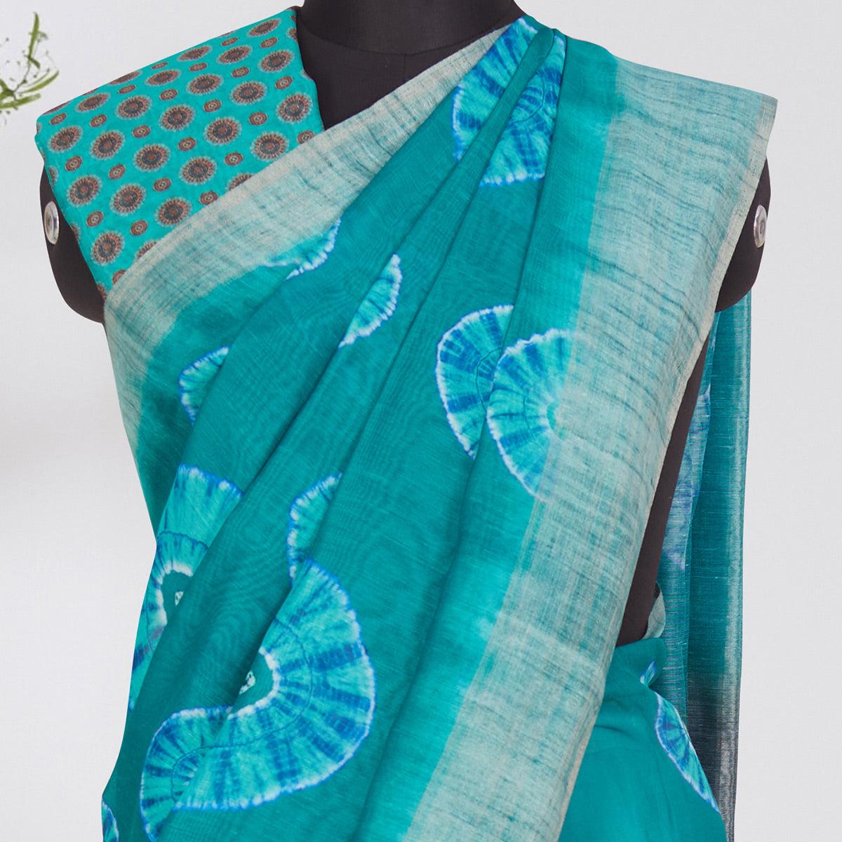 Peachmode Engrossing Turquoise Coloured Casual Wear Printed Linen Saree - view 2