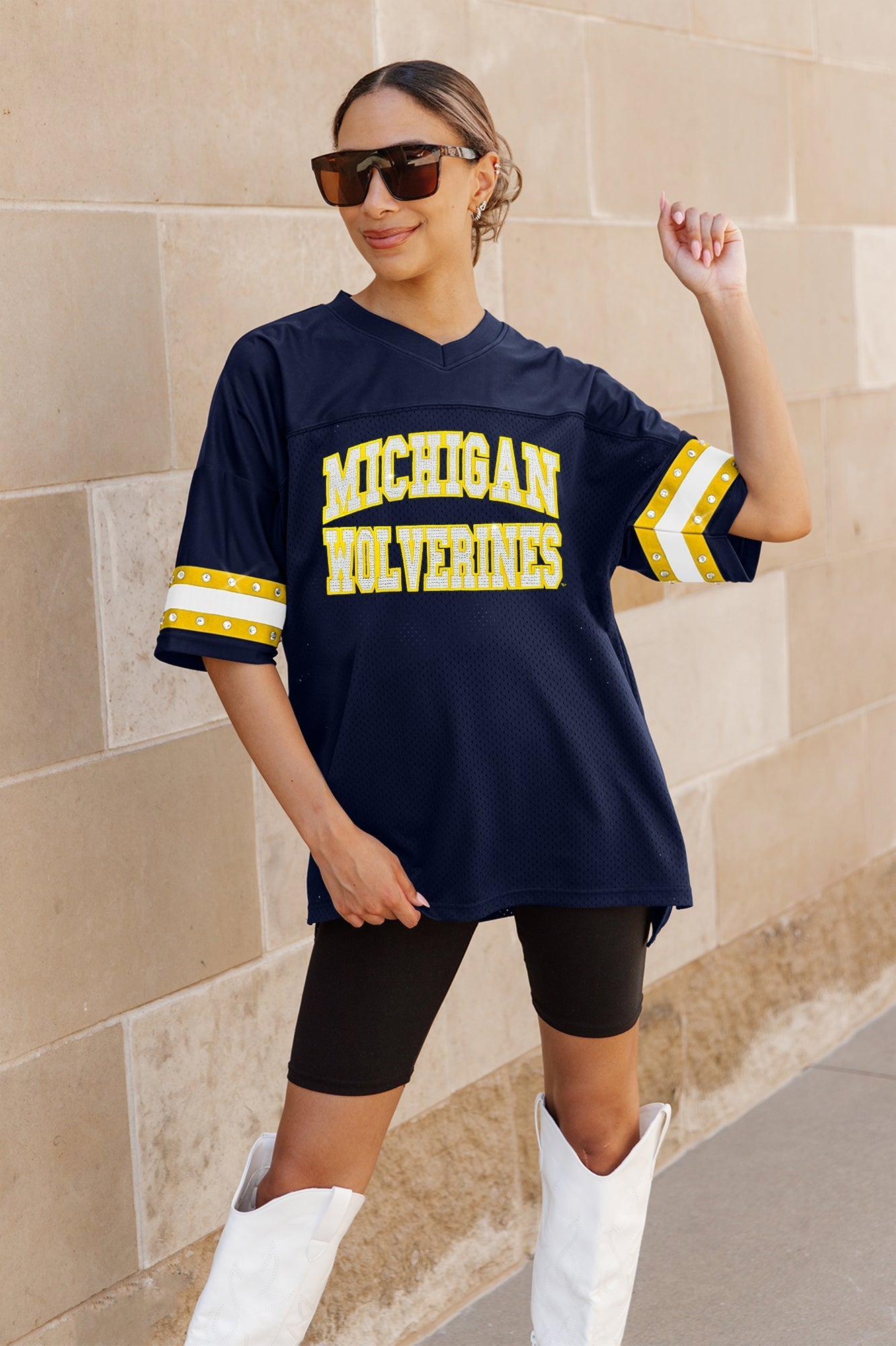 GC Michigan Wolverines Until Kickoff Oversized V-neck Rhinestone-striped Trim Fashion Jersey - view 2