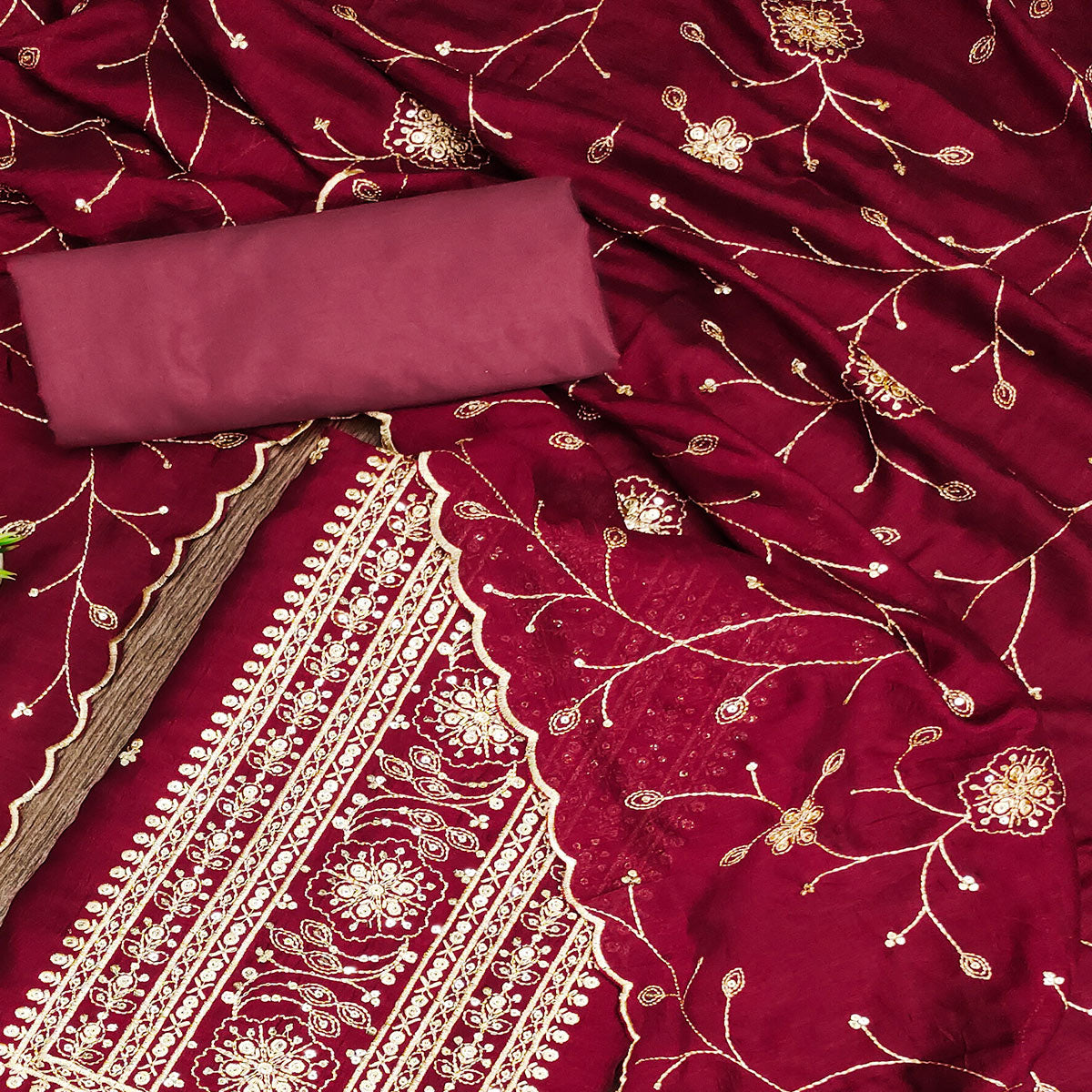 Peachmode Maroon Sequins Embroidered Chinon Dress Material - view 2
