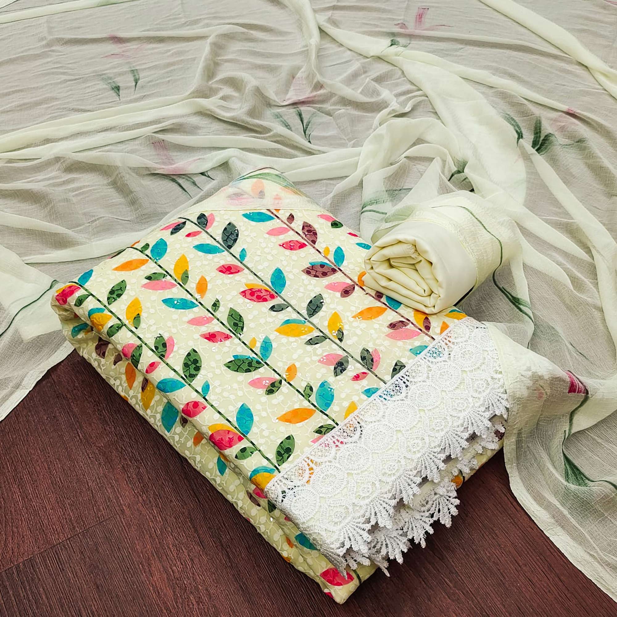 Peachmode Cream Schiffli Embroidered With Digital Printed Georgette Dress Material