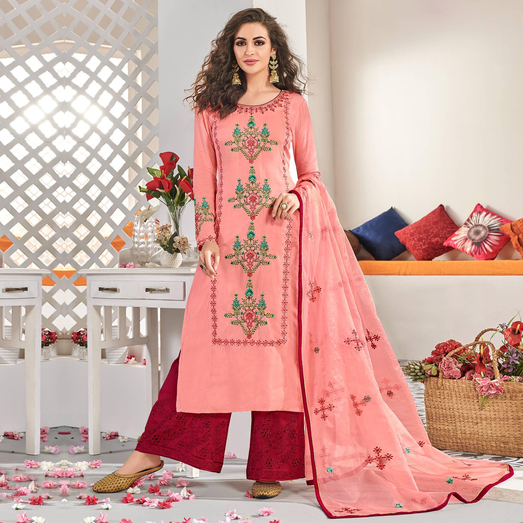 Peachmode Hypnotic Pink Colored Partywear Floral Embroidered Cotton Kurti-Palazzo Set With Dupatta