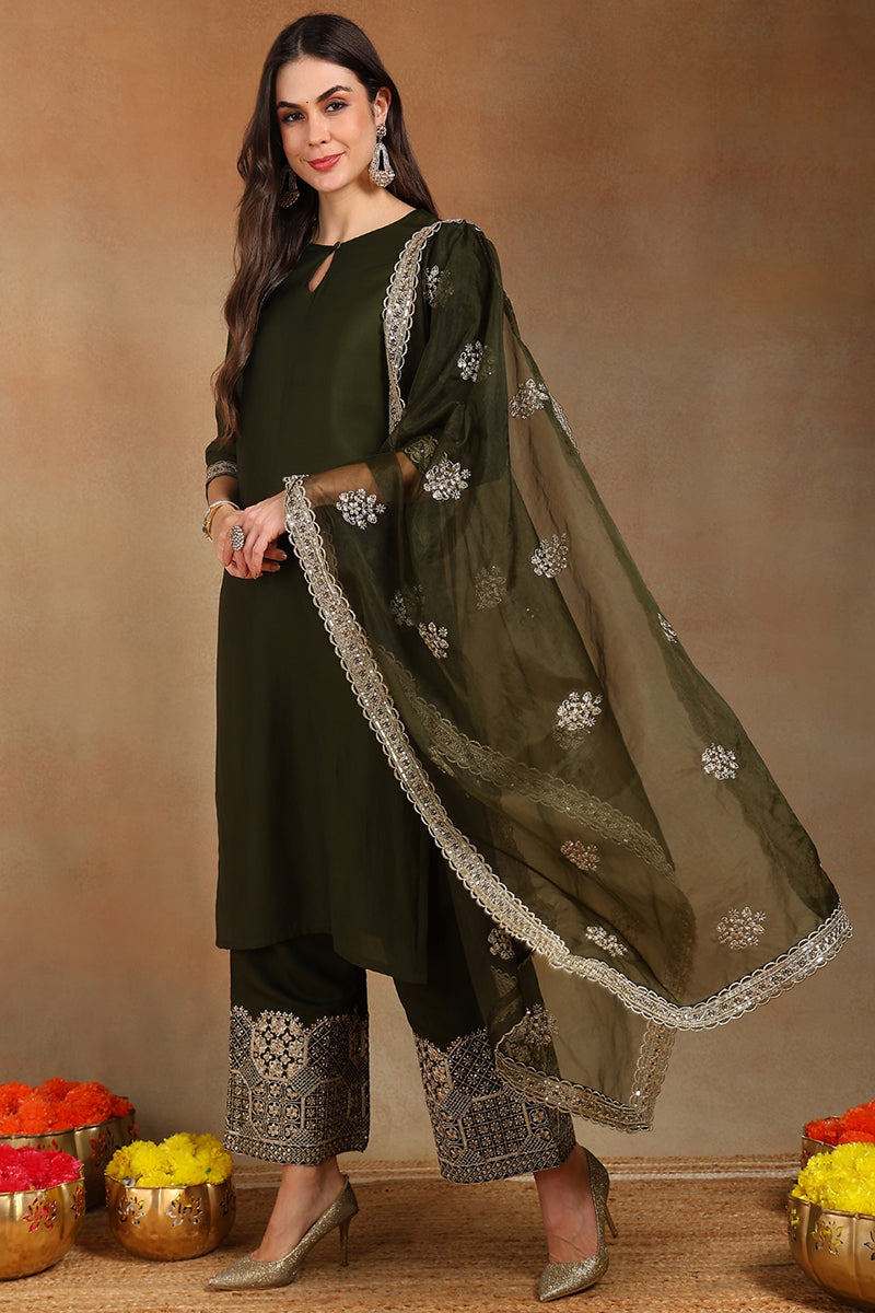 Ahika Olive Green Silk Blend Solid Straight Suit Set PKSKD2744 - view 3