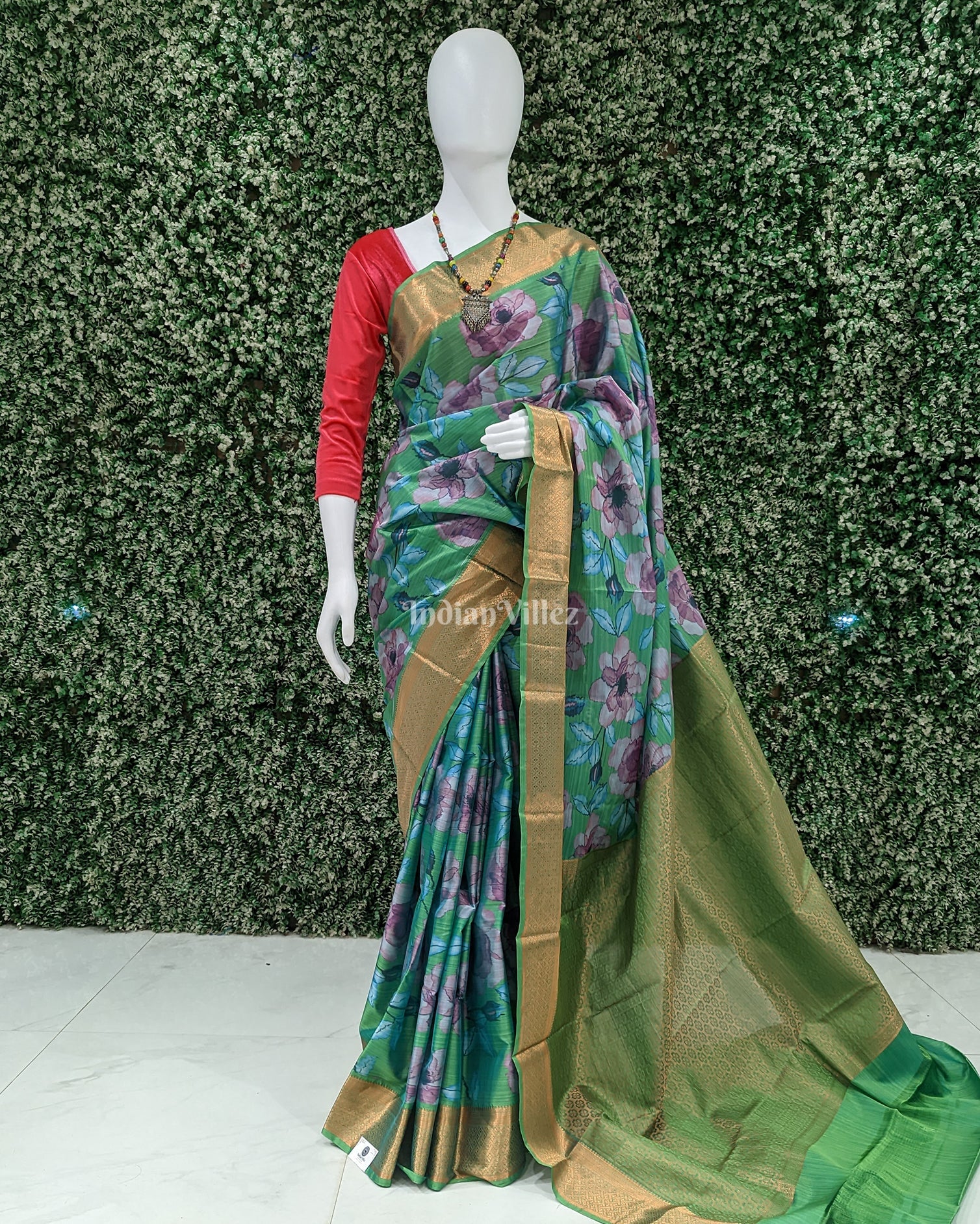 IndianVillèz Green Floral Digital Print Kanjivaram Silk Saree