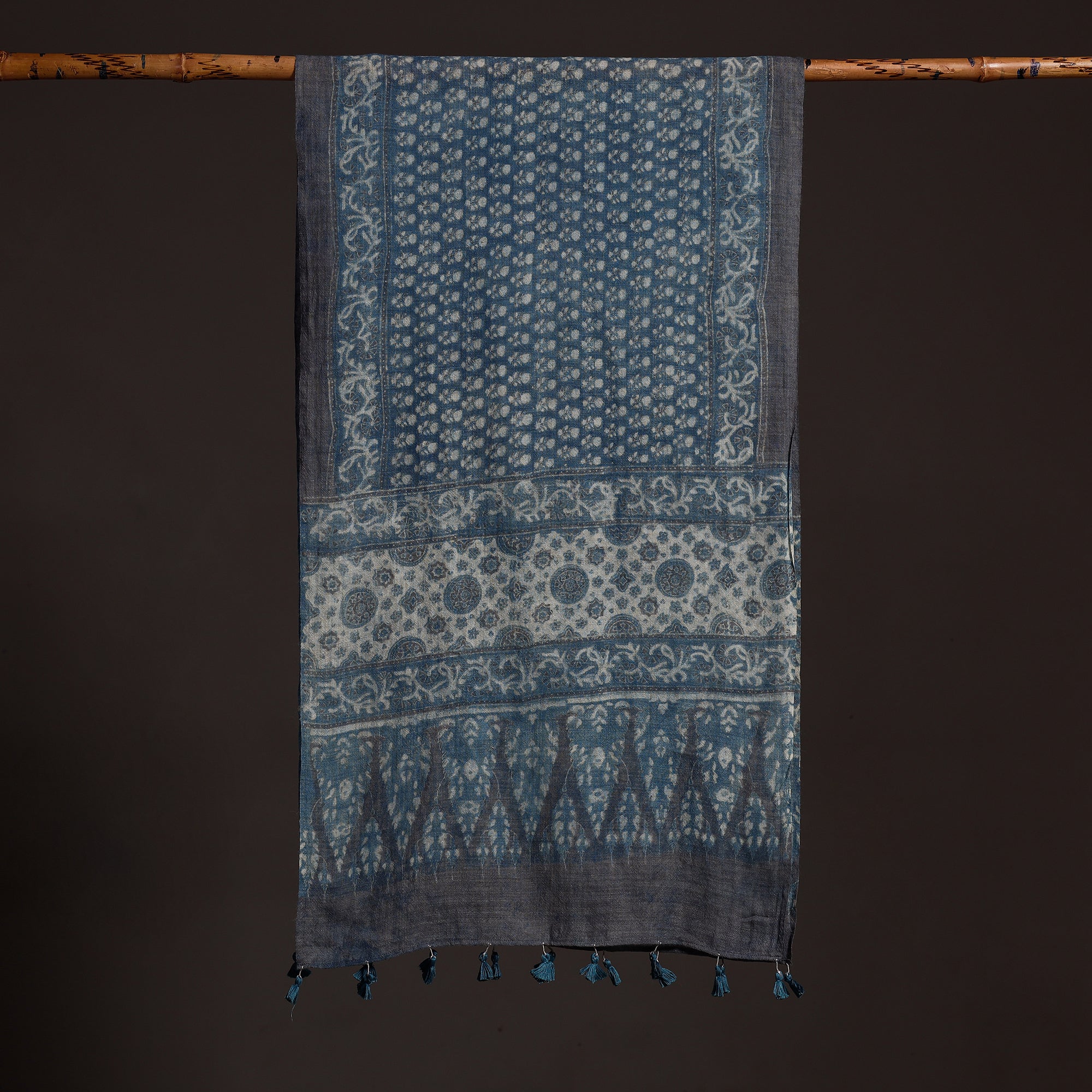 AJRAKH BY SUFIYAN ISMAIL KHATRI Blue - Ajrakh Hand Block Printed Pure Woolen Stole - view 2