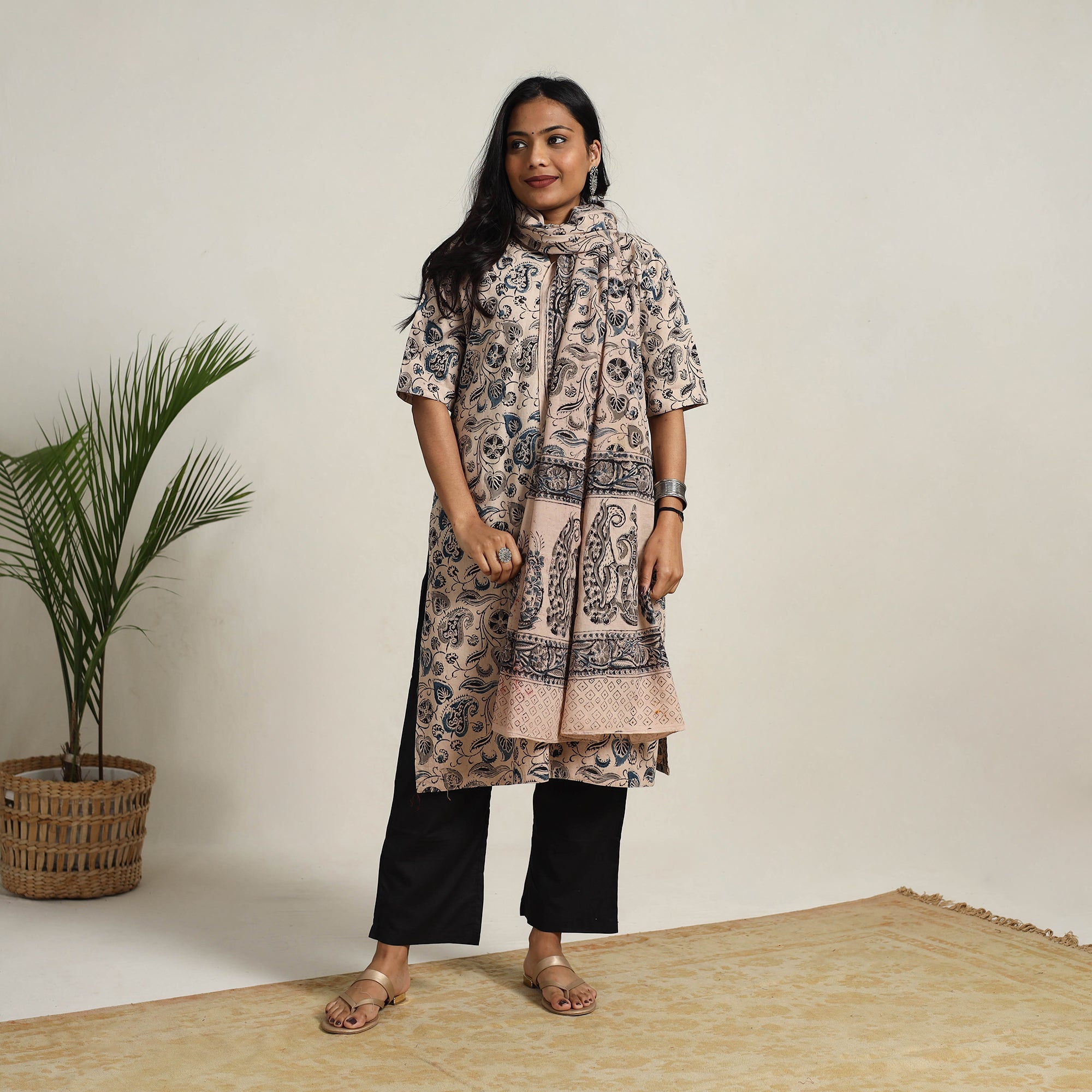 ITOKRI CASUALS Beige - Block Printed Cotton Kalamkari Kurta Set 06 - view 4