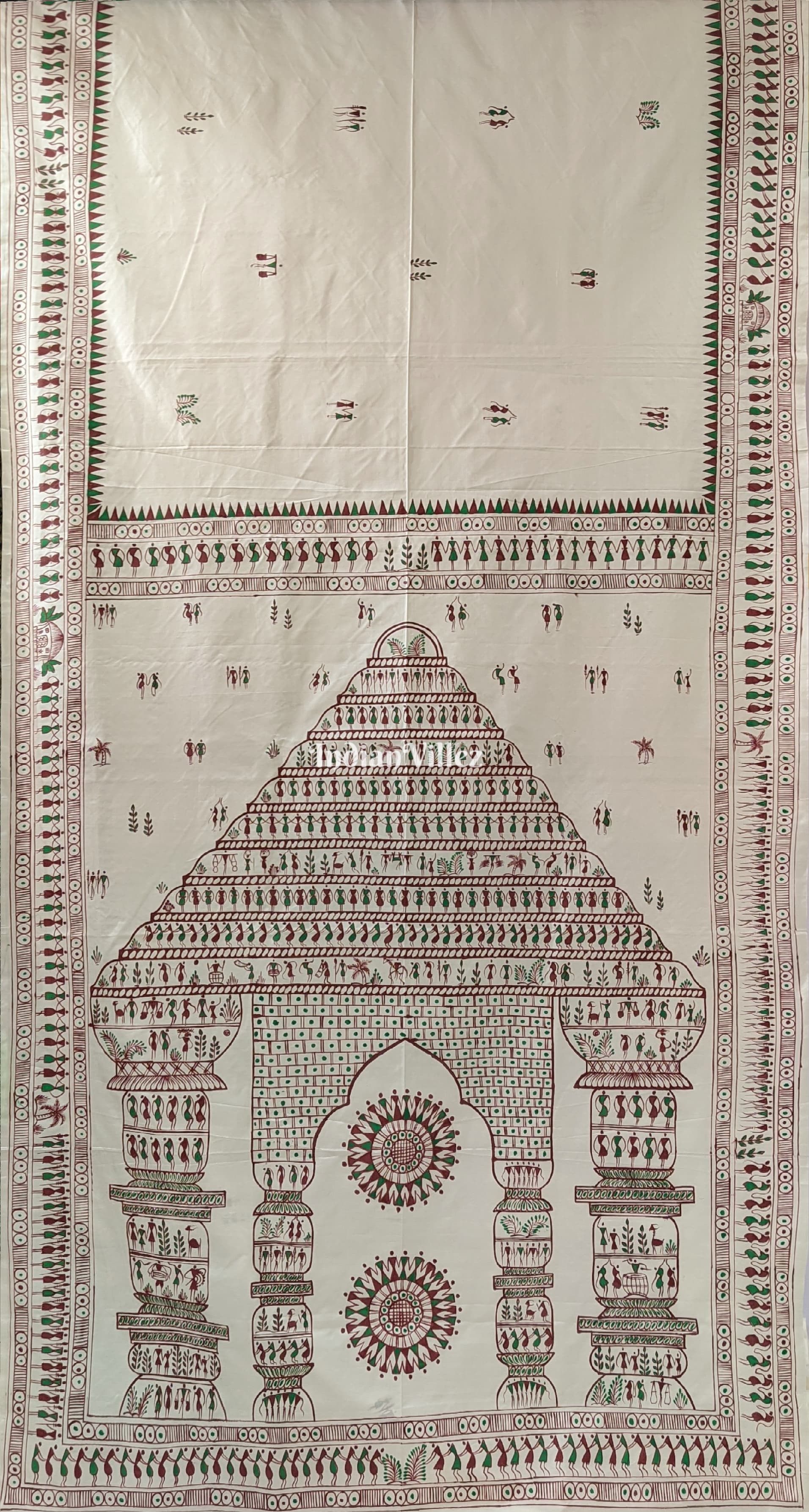 IndianVillèz Off-White Tribal Art Konark Temple Hand-Painted Pattachitra Saree