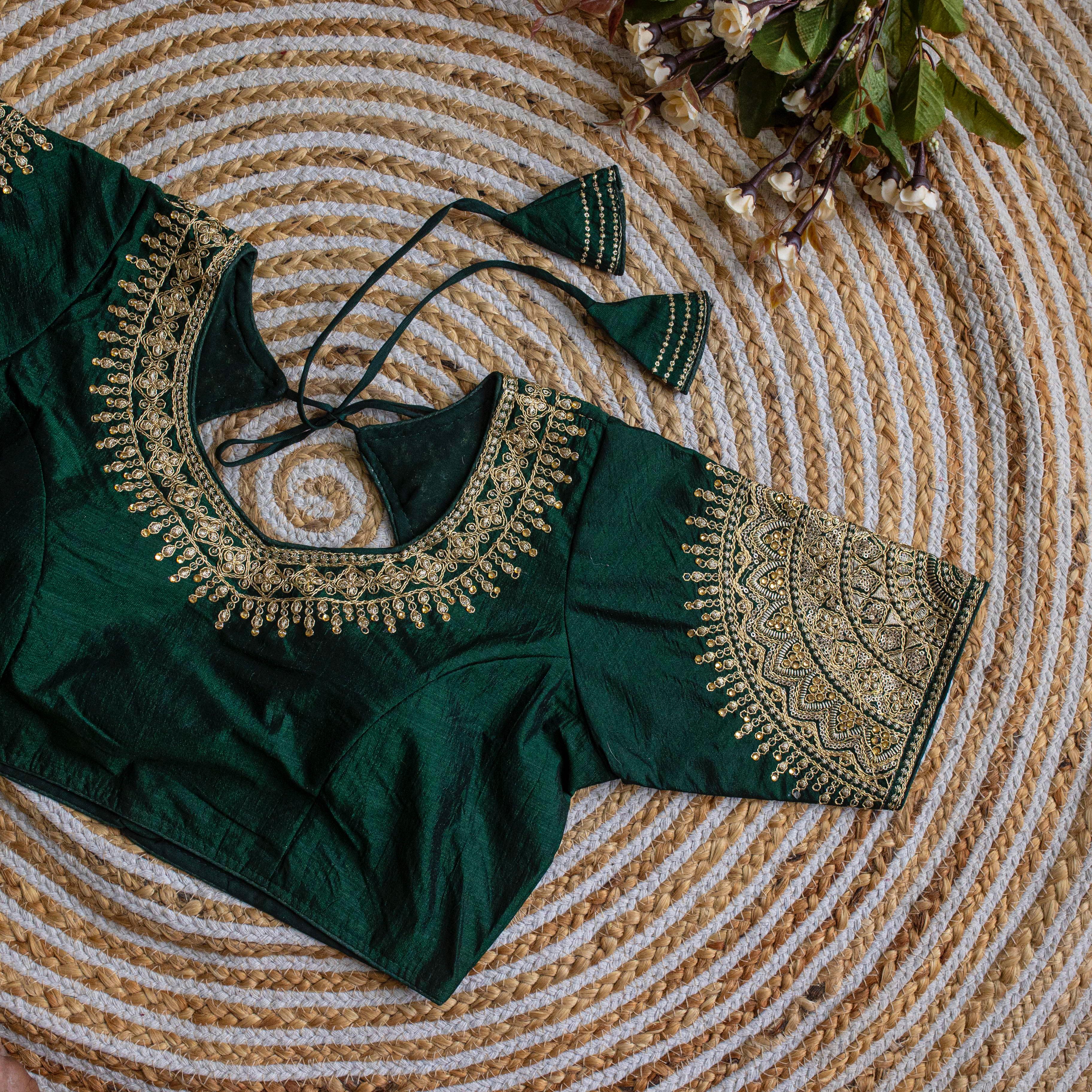 ClothsVilla Green Luxurious Lucknowi Silk Blouse with Golden Embroidery and Sequins