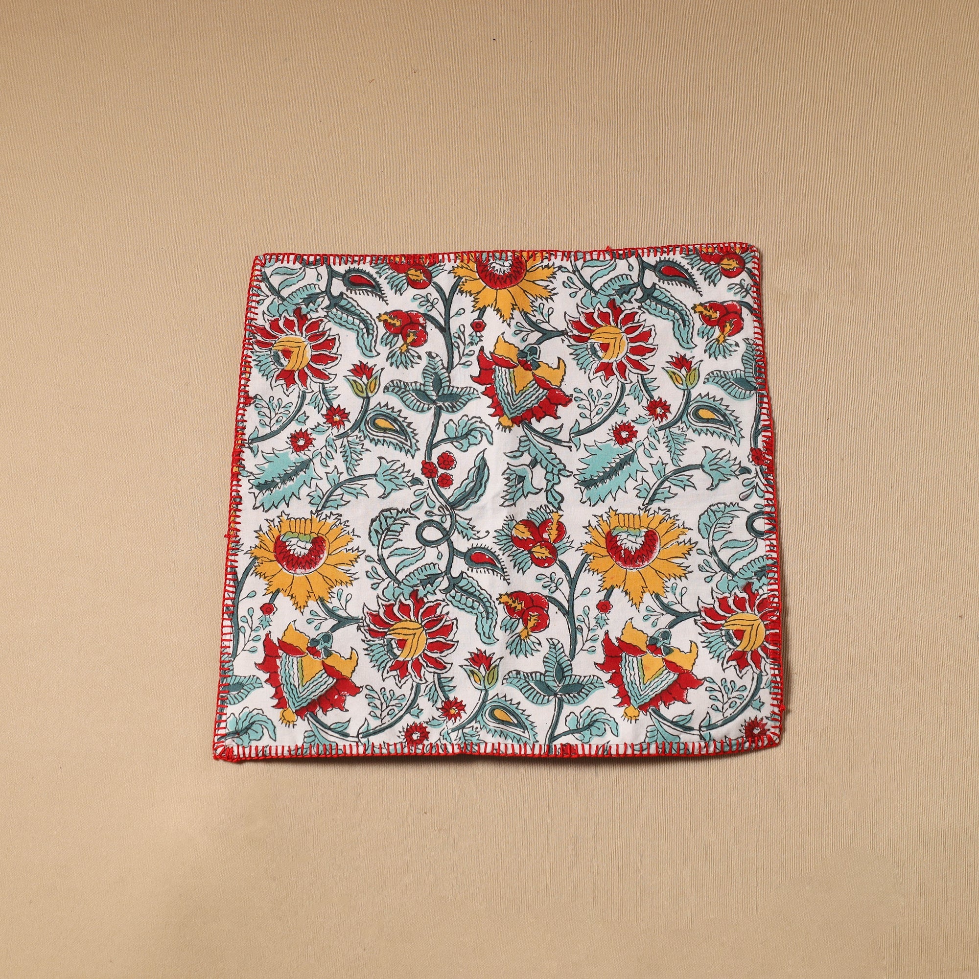 NOORI BAZAR Floral Block Print Cotton Hand Embroidery Table Napkin 08 - view 2
