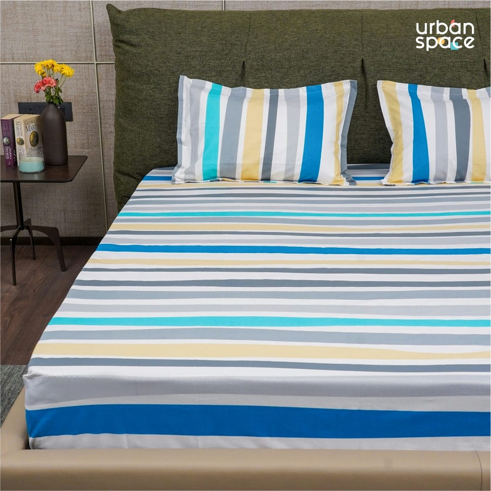 Urban Space -Home Furnishing Store Serene Collection - Breathable 200 TC 100% Pure Cotton Bedsheet with Pillow Cover, MultiColour Stripes - Blue - view 2