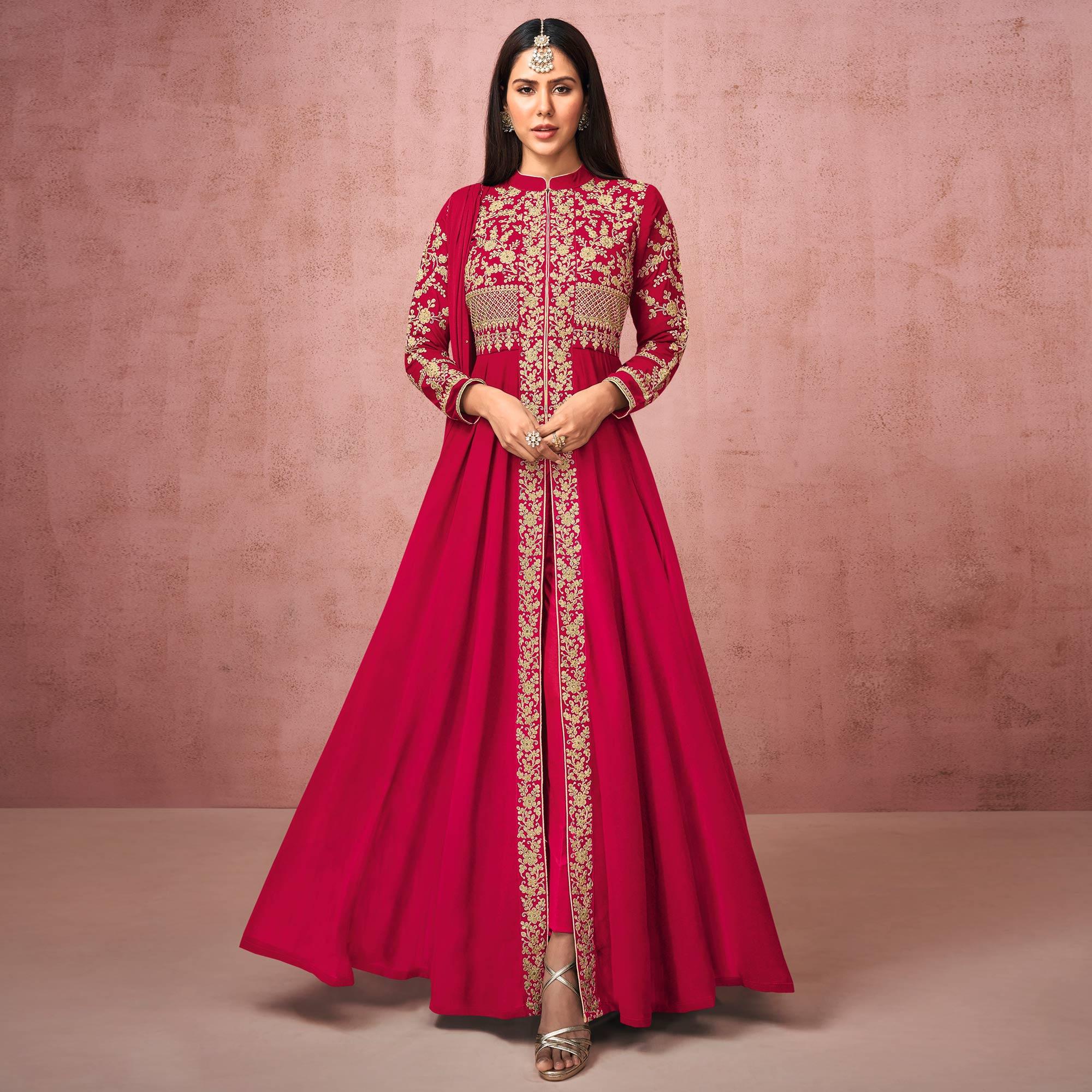 Peachmode Seller Dark Pink Partywear Embroidered Georgette Anarkali Suit
