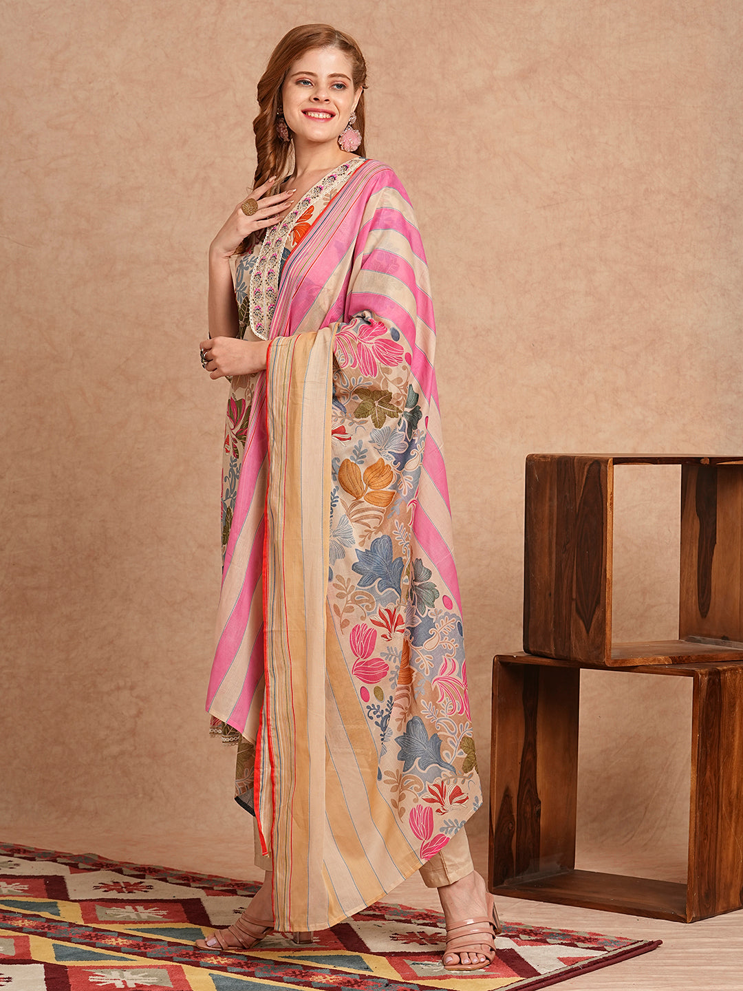 FASHOR Ethnic Floral Printed & Embroidered Straight Kurta with Pant & Dupatta - Beige - view 4
