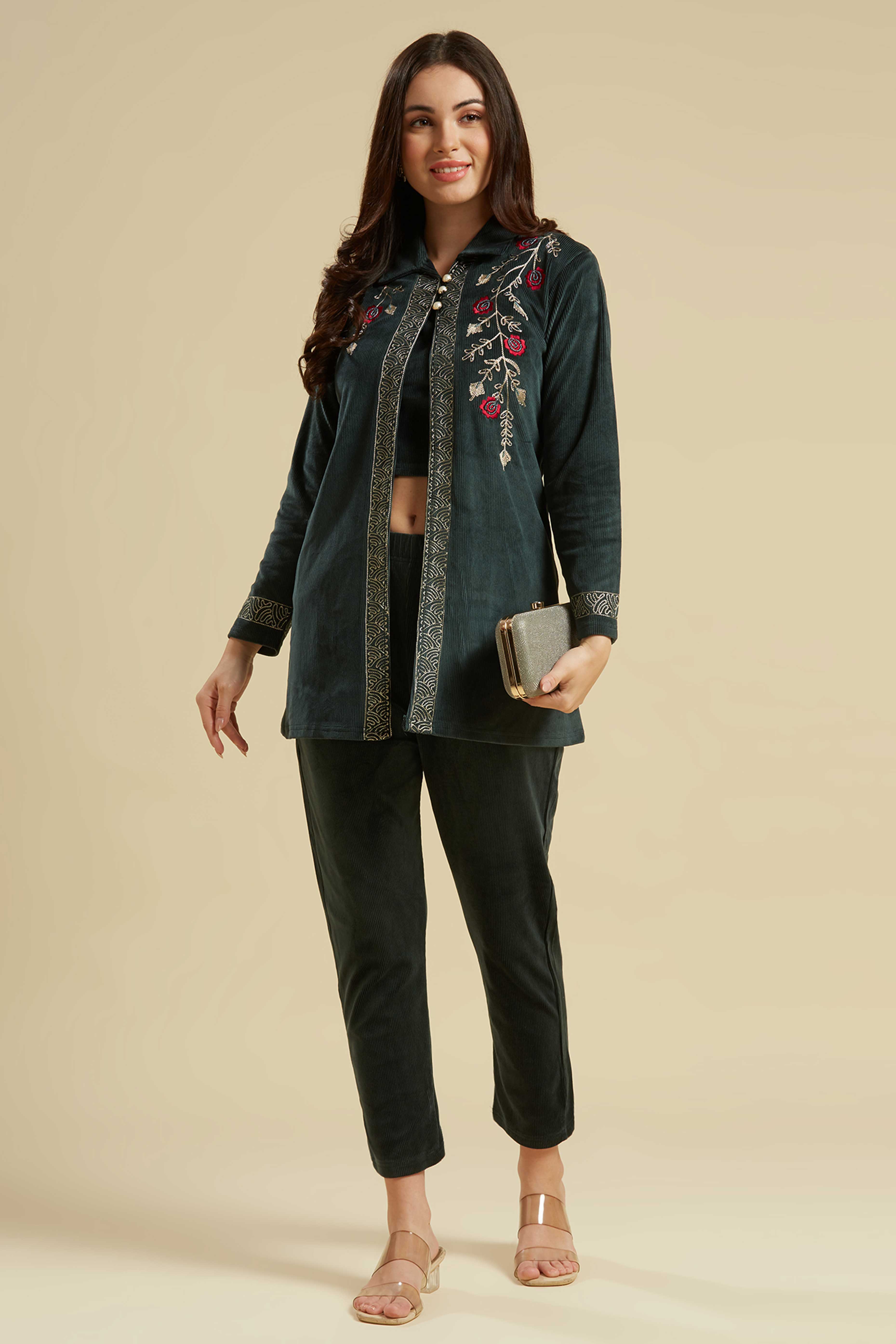 Green co-ords – BlackTree green-embroidered-velvet-front-slit-top-bottom-set