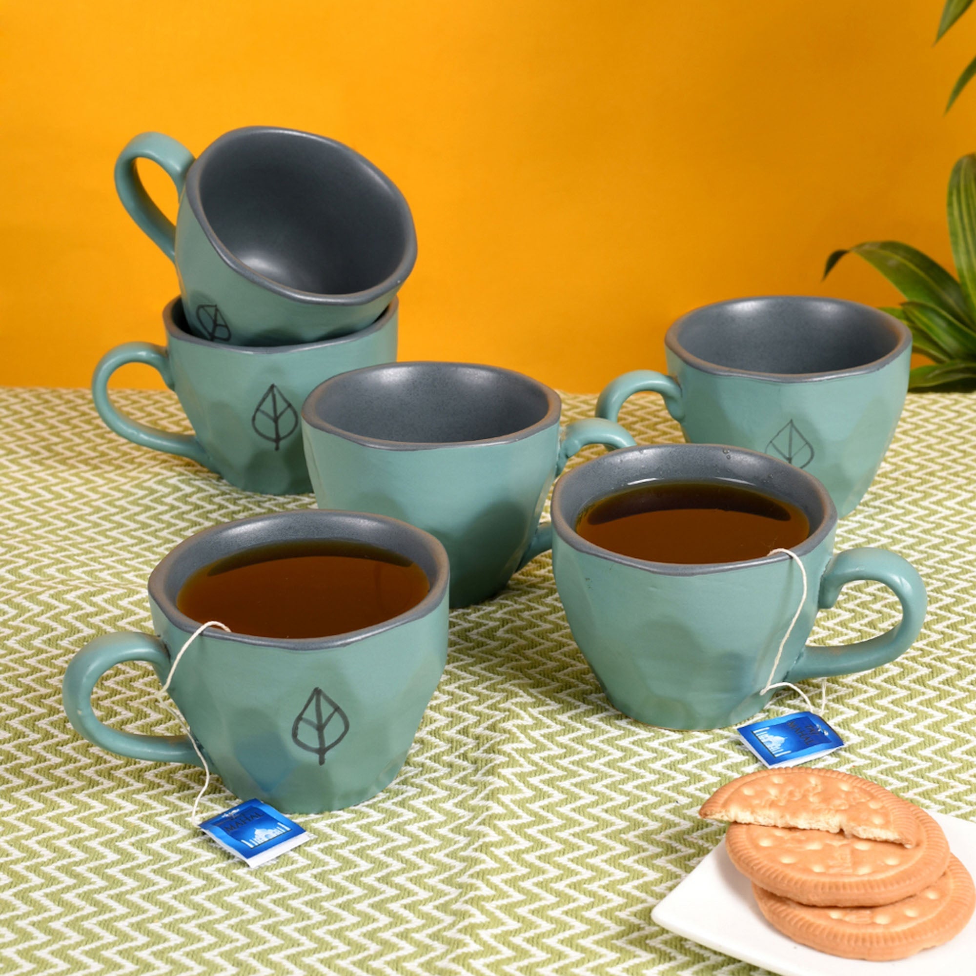 ART CREATIONS BY SUMAN SONTHALIA Blue - Ceramic Aqua Cup Set of 6 (4.5 x 3.2 x 2.5 in)