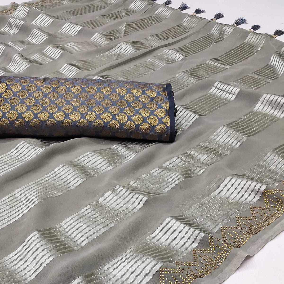 Peachmode Grey Striped With Stone Work Georgette Saree - view 2