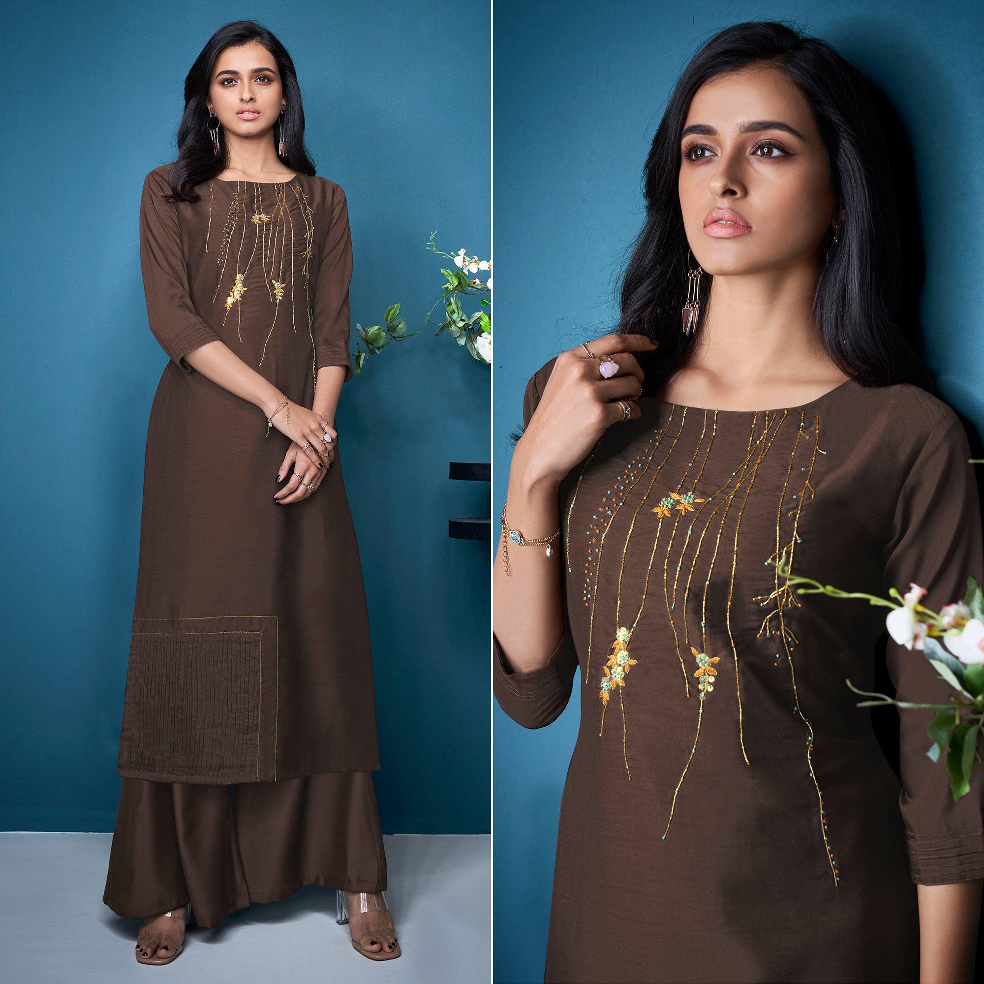 Peachmode Seller Brown Partywear Embroidered Handwork Silk Kurti Palazzo Set
