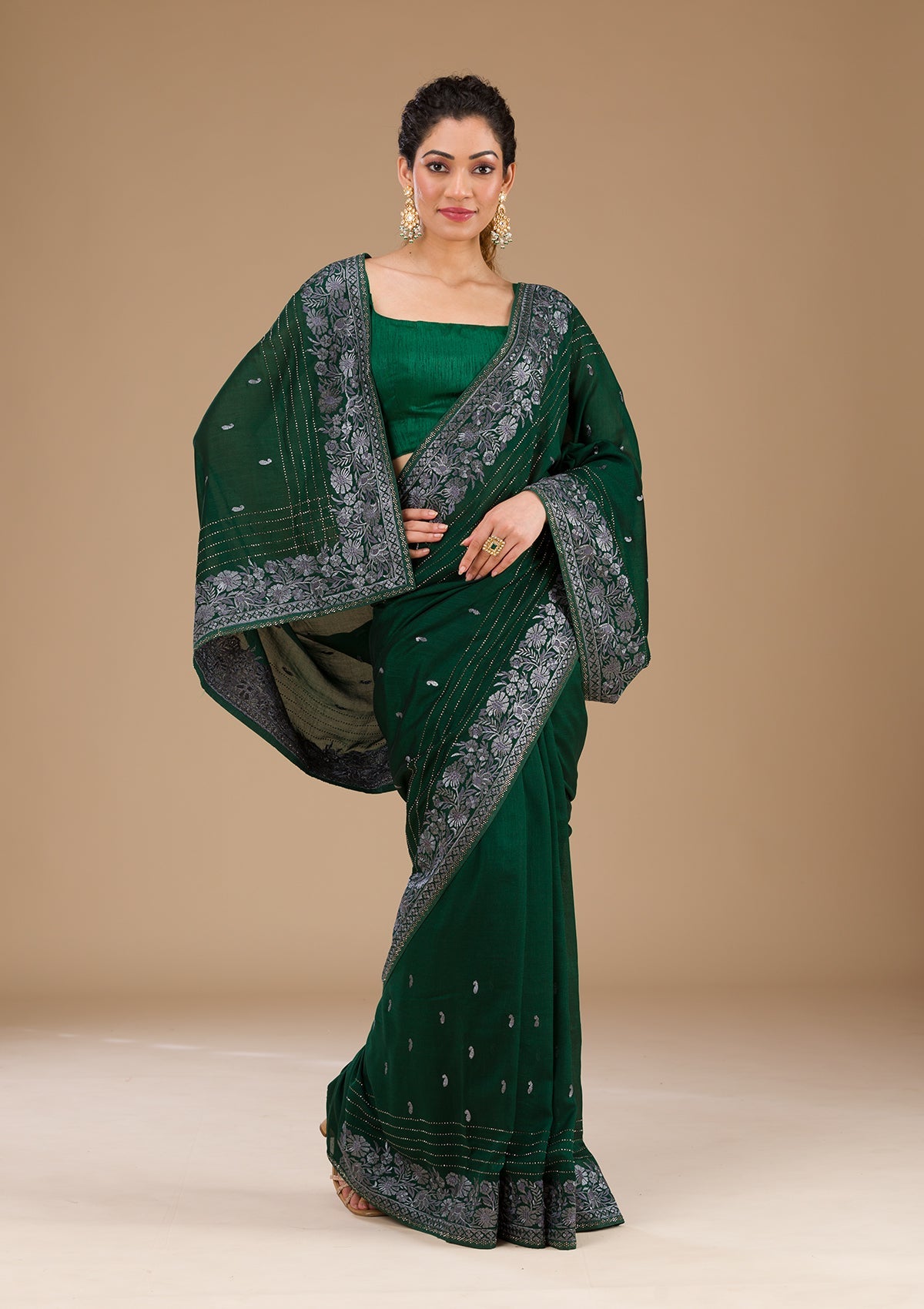 Koskii Bottle Green Threadwork Georgette Saree