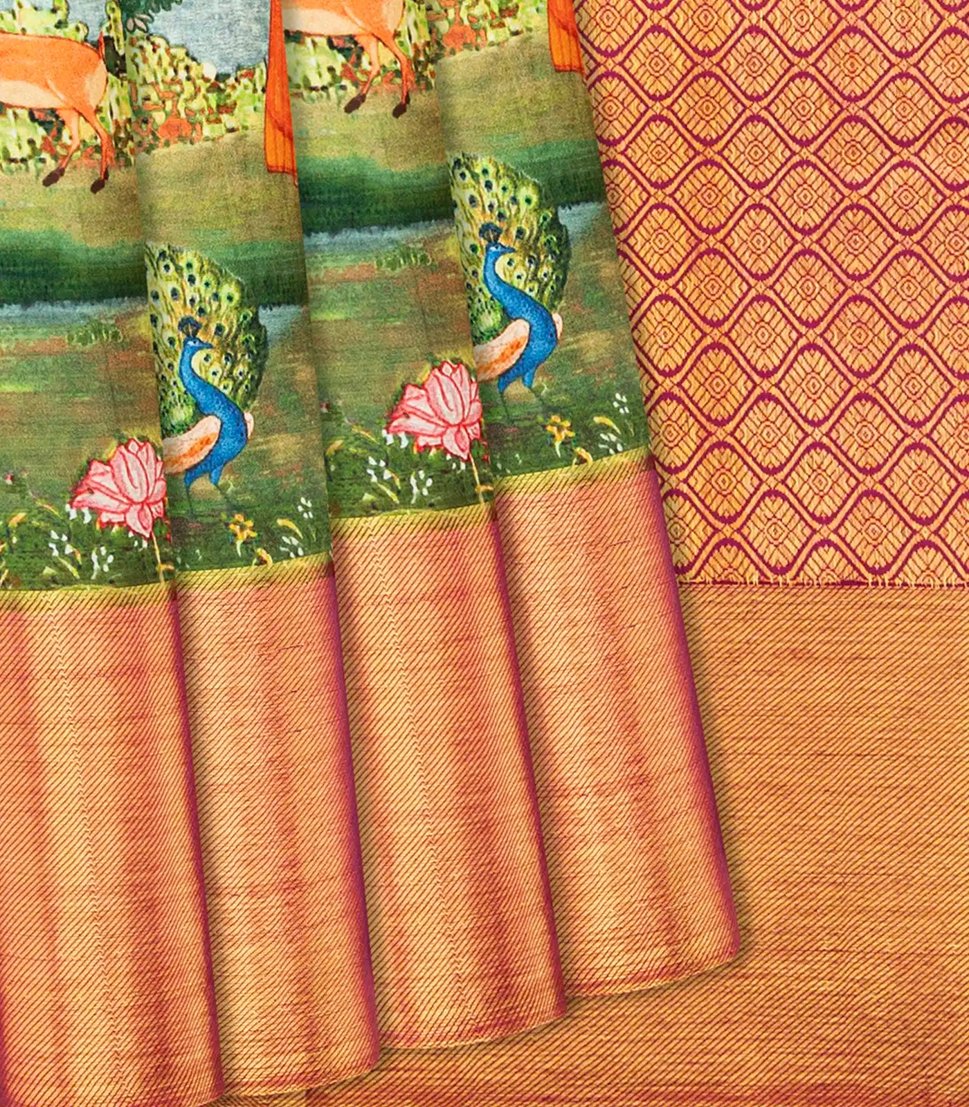 RmKV Steel Blue Handloom Kanchipuram Silk Saree With Printed Peacock Motifs-Steel Blue