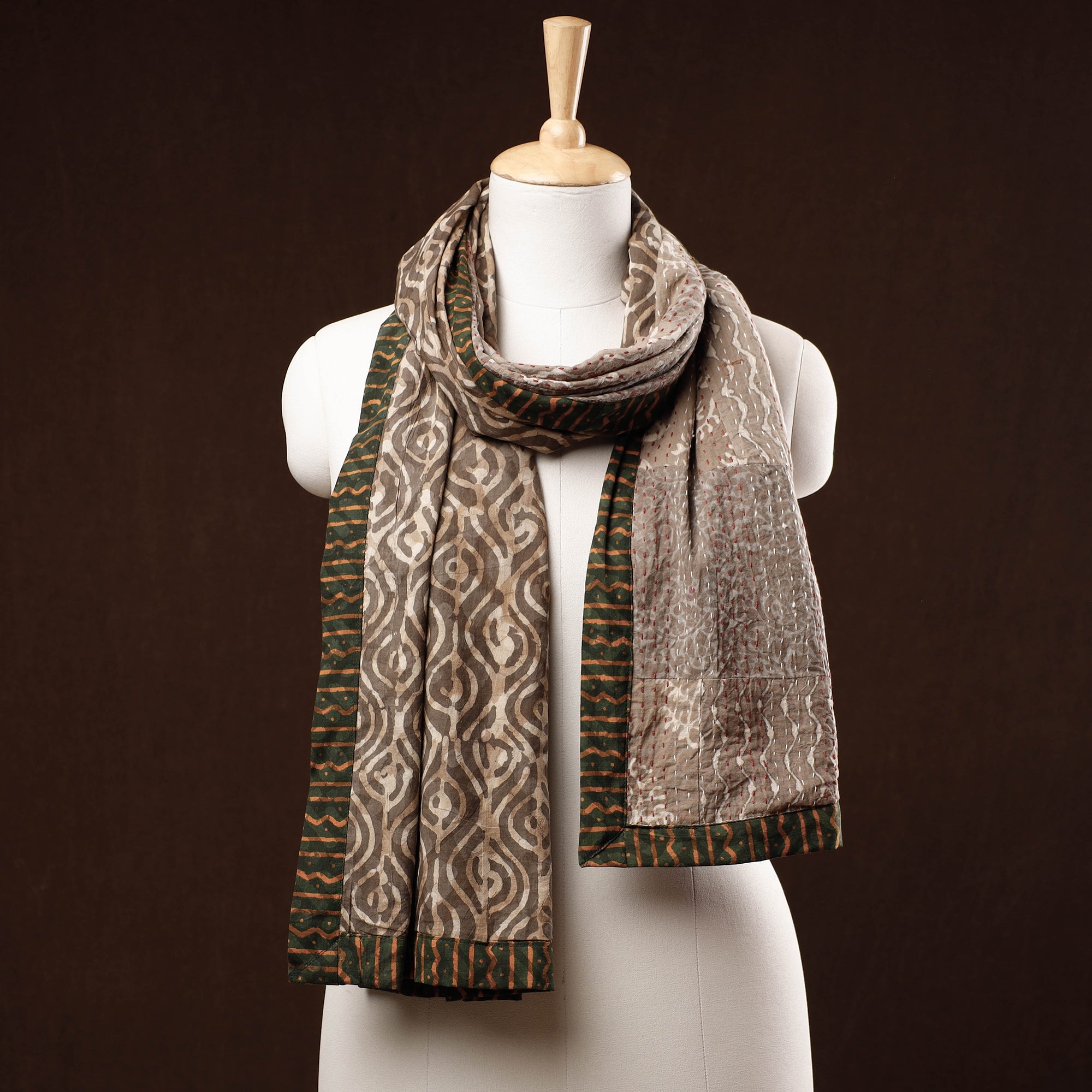 ARTISAN HAND BLOCK PRINTS Brown - Patchwork Reversible Block Printed Tagai Cotton Stole