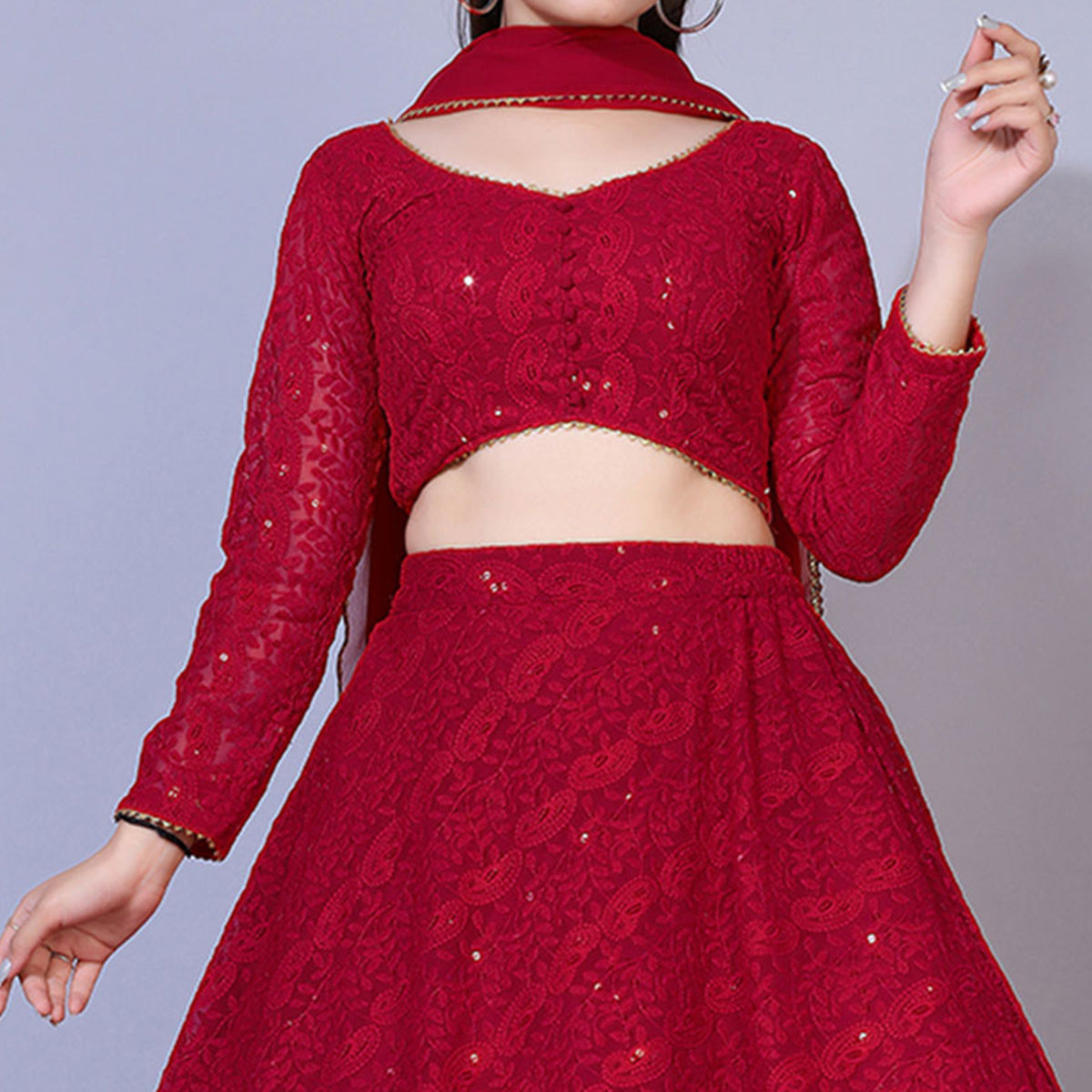 Peachmode Seller Dark Red Lucknowi Chikankari Work Georgette Lehenga Choli - view 2