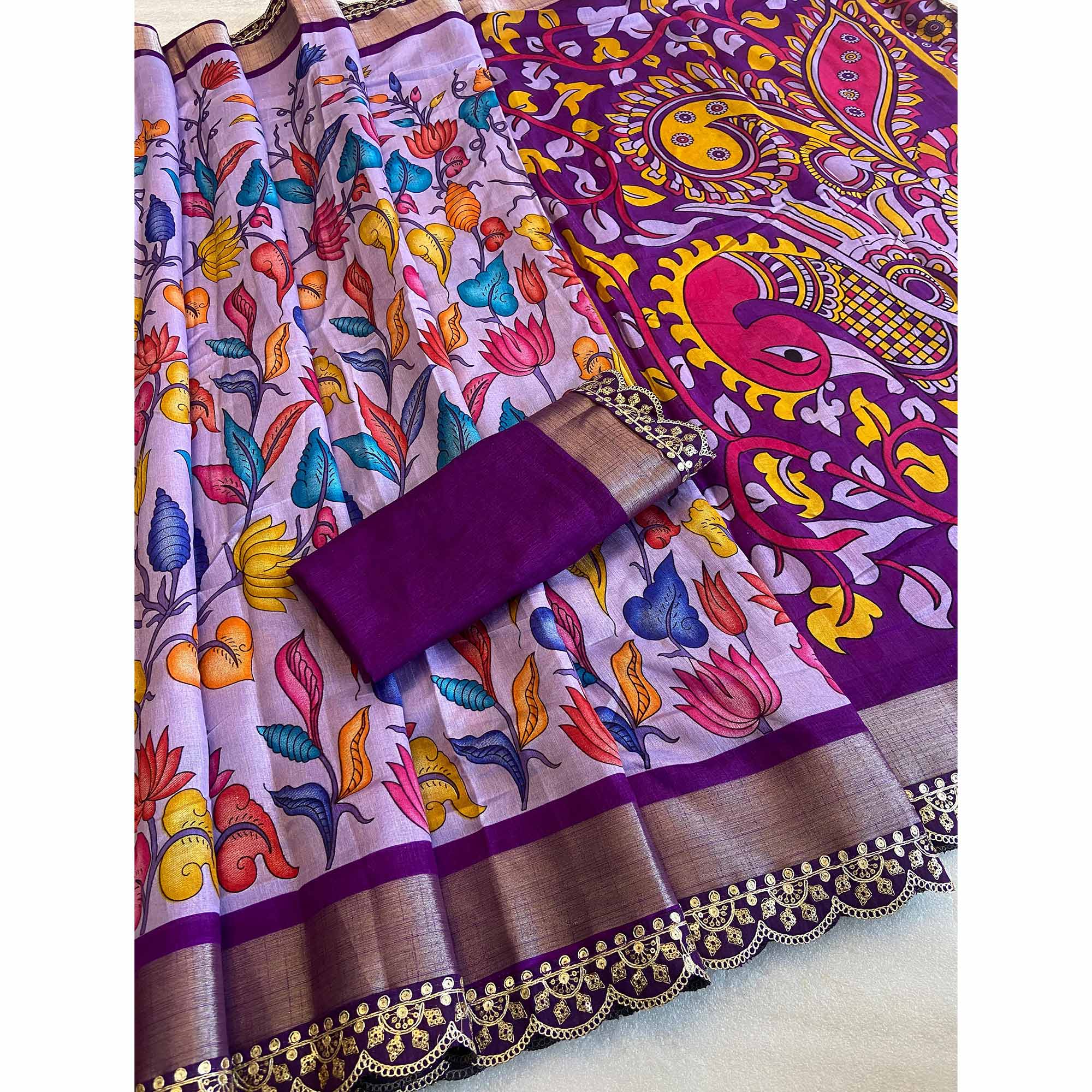 Peachmode Lavender Floral Printed Dola Silk Saree With Sequins Border - view 4