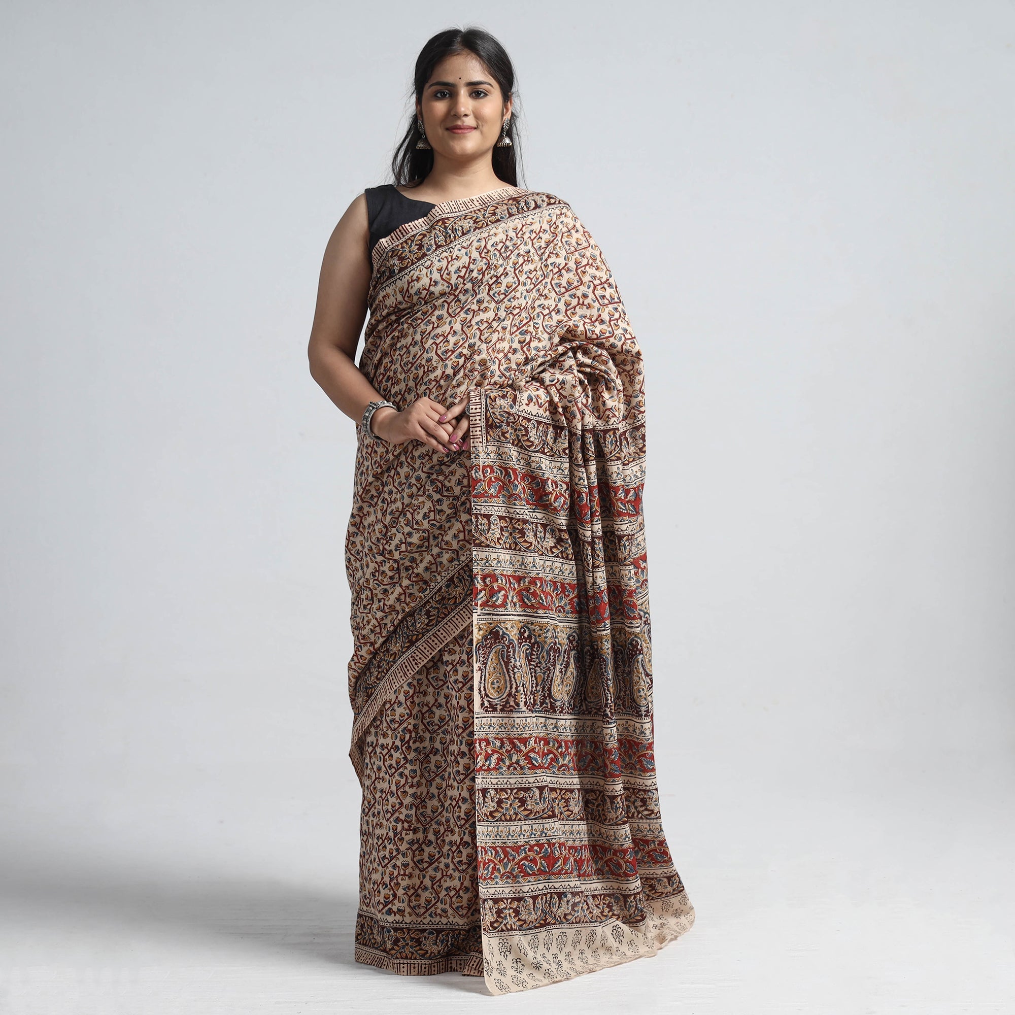 VENKATA BHANU KALAMKARI PEDANA Brown - Pedana Block Print Cotton Kalamkari Saree