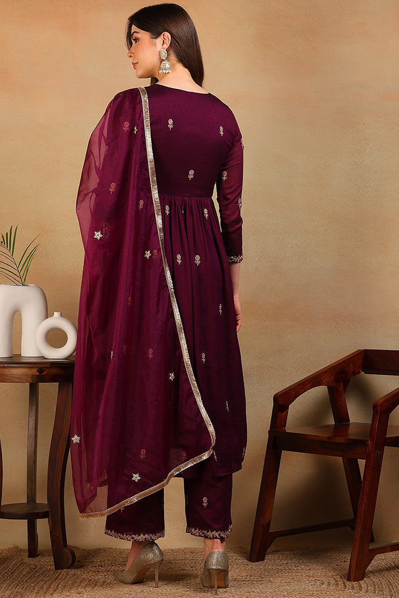 Ahika Purple Silk Blend Solid Embroidered Flared Empire Suit Set PKSKD2146 - view 5