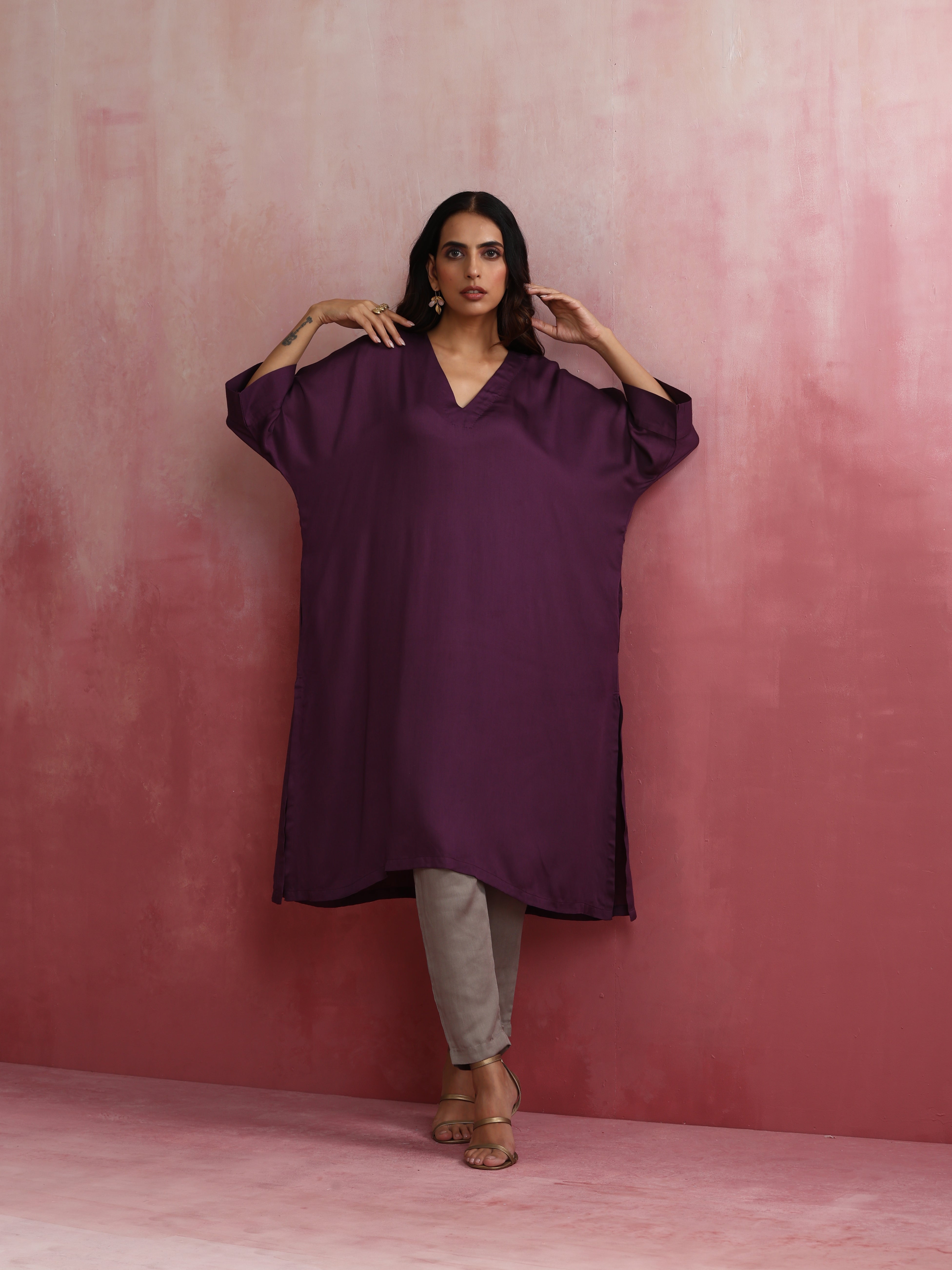 trueBrowns Purple Modal Kimono Kurta Set - view 2