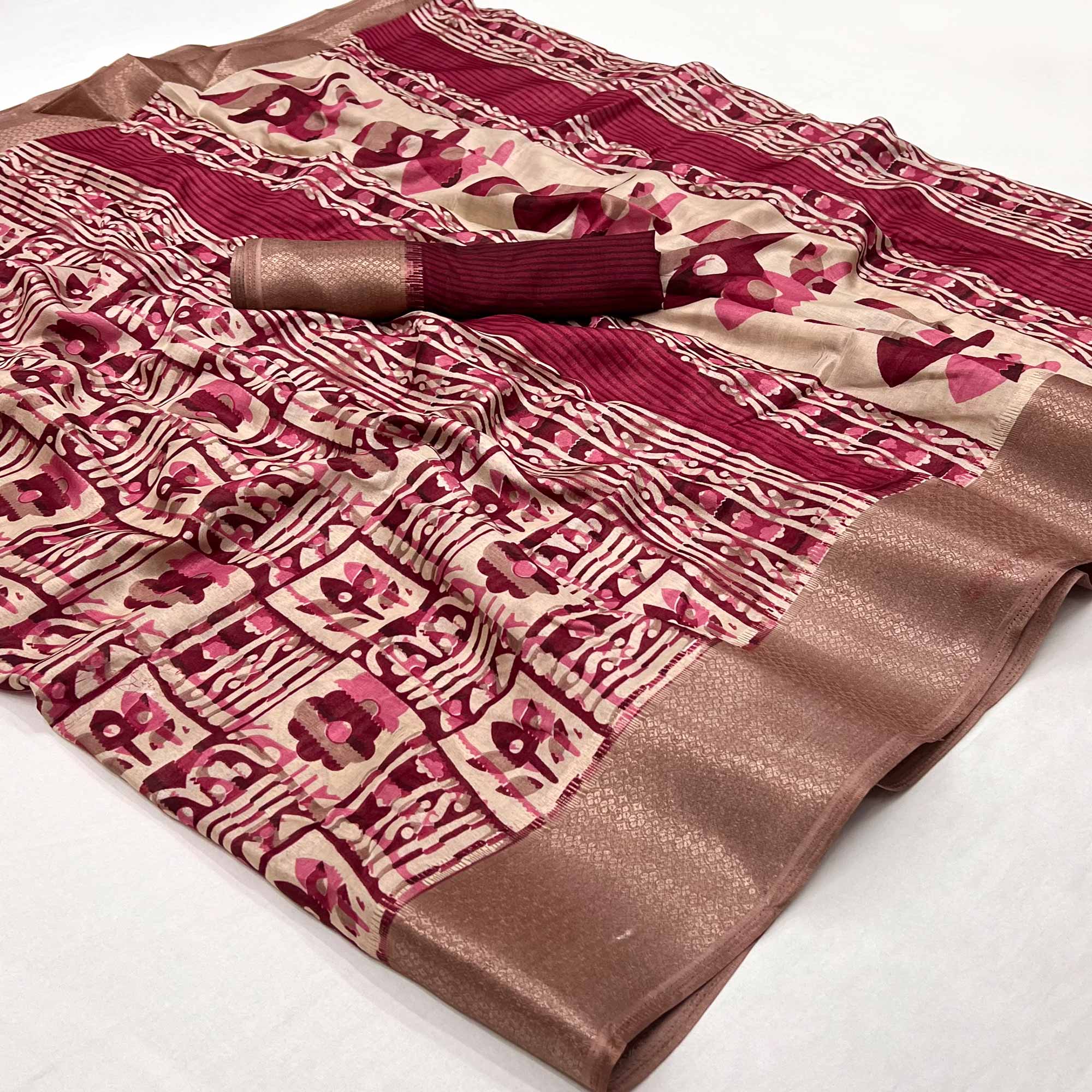 Peachmode Maroon Printed With Woven Border Dola Silk Saree