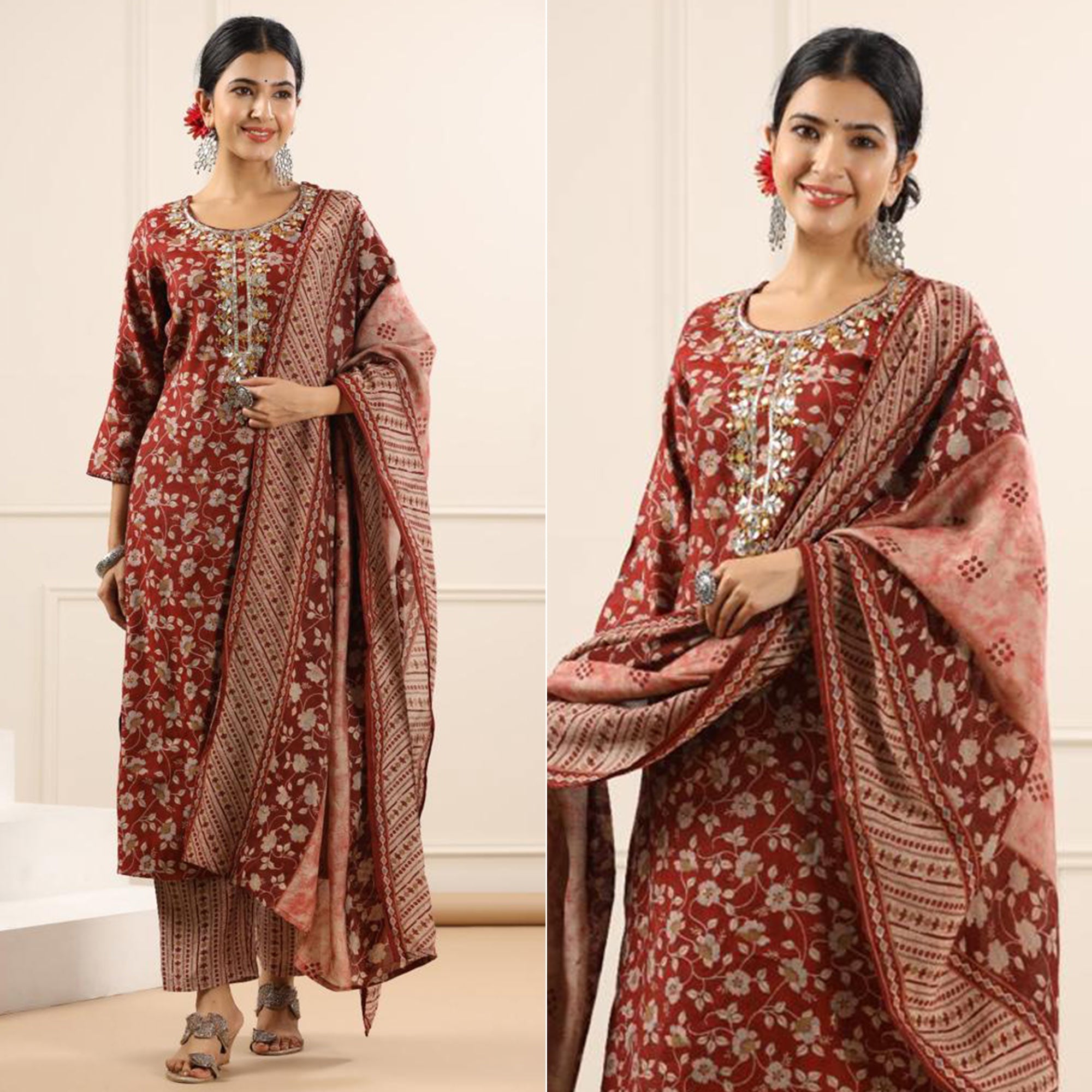 Peachmode Maroon Jaipuri Printed Chanderi Salwar Suit