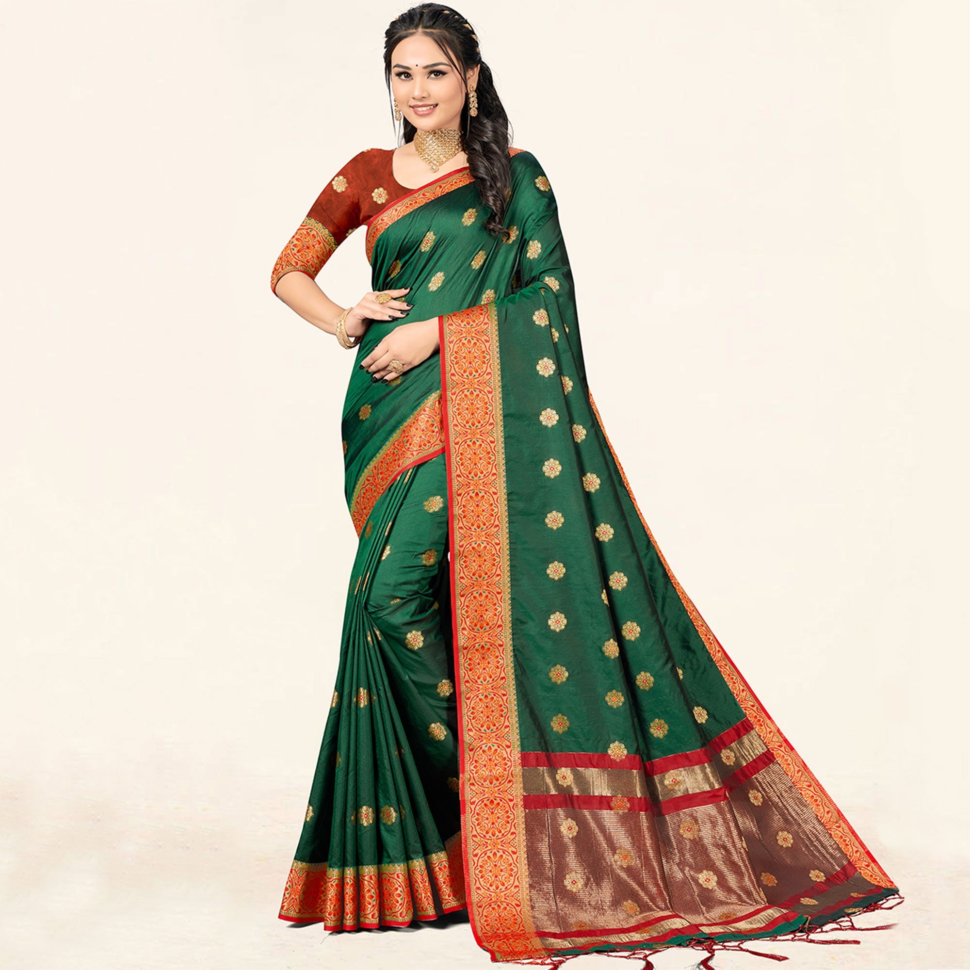 Peachmode Dark Green Woven Art Silk Saree With Tassels