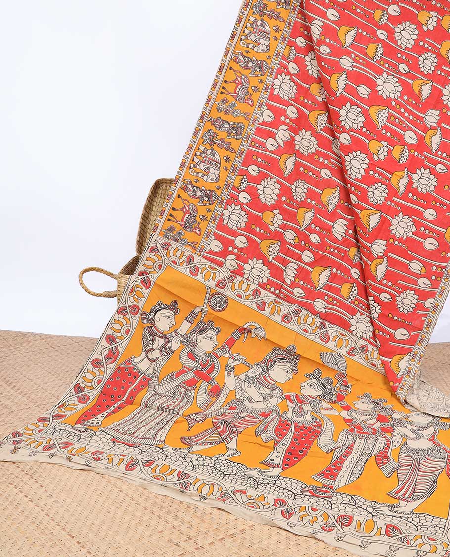 Pothys Red floral motifs machine-printed kalamkari cotton saree, contrast unique design border & pallu of ancient figurines