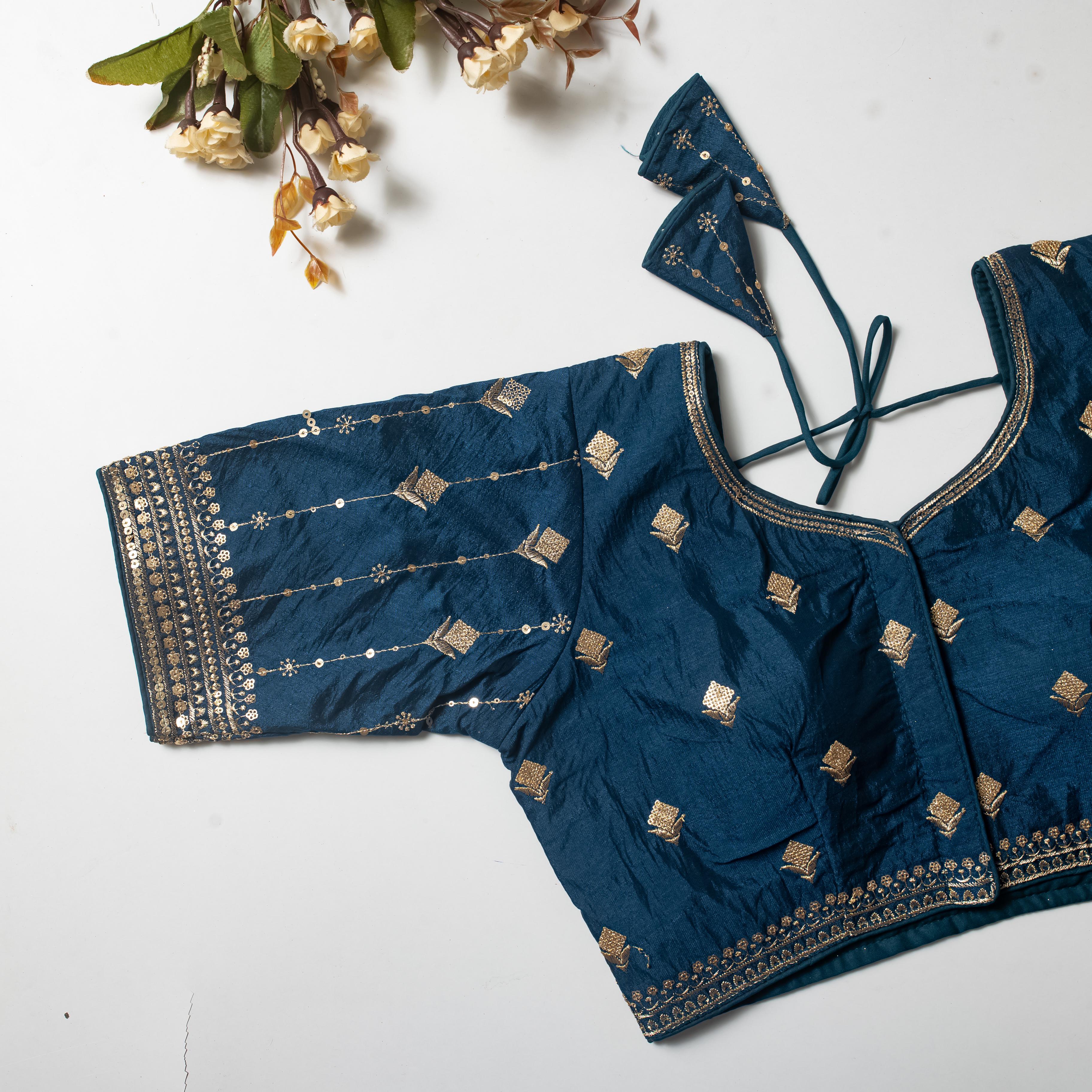 ClothsVilla Teal Blue Golden Embroidered Vibrant Silk Blouse with Sequins