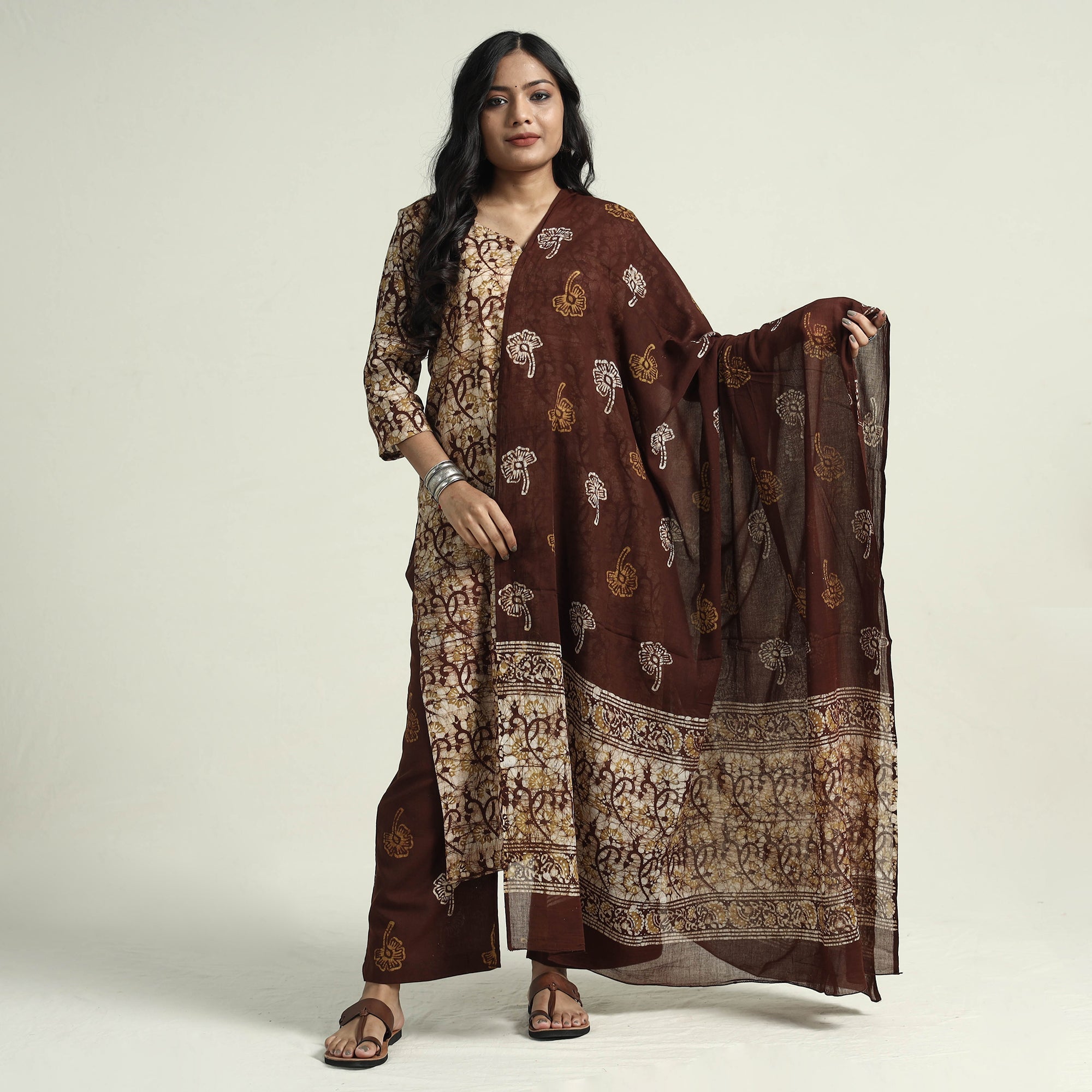 ITOKRI CASUALS Brown - Hand Batik Printed Cotton Kurta with Palazzo & Dupatta Set - view 3