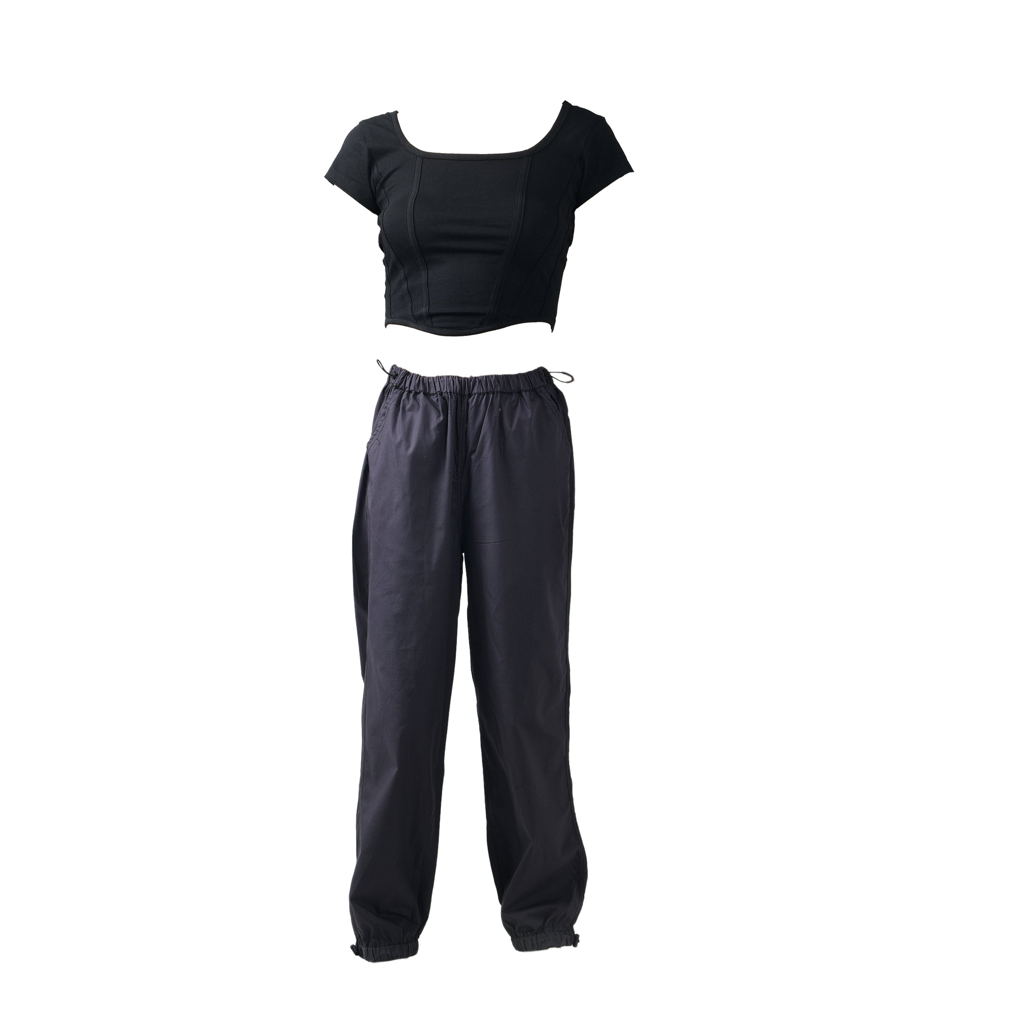 I Z F Black Corset Crop Top & Gunmetal Parachute Pants